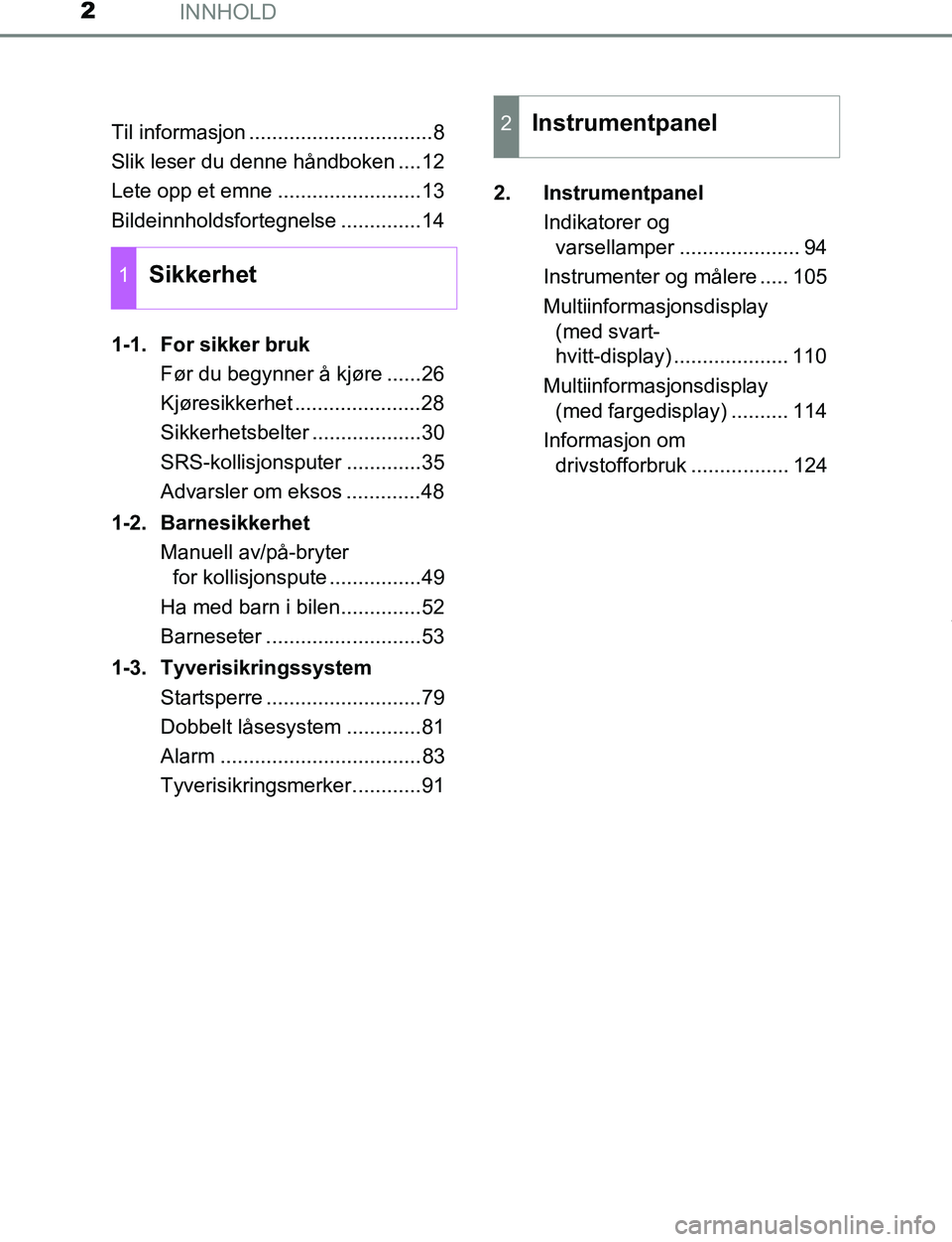 TOYOTA C-HR 2017 Instruksjoner for bruk (in Norwegian) INNHOLD2
C-HR_OM_Europe_OM10528NOTil informasjon ................................8
Slik leser du denne håndboken ....12
Lete opp et emne .........................13
Bildeinnholdsfortegnelse ......... TOYOTA C-HR 2017 Instruksjoner for bruk (in Norwegian) INNHOLD2
C-HR_OM_Europe_OM10528NOTil informasjon ................................8
Slik leser du denne håndboken ....12
Lete opp et emne .........................13
Bildeinnholdsfortegnelse .........