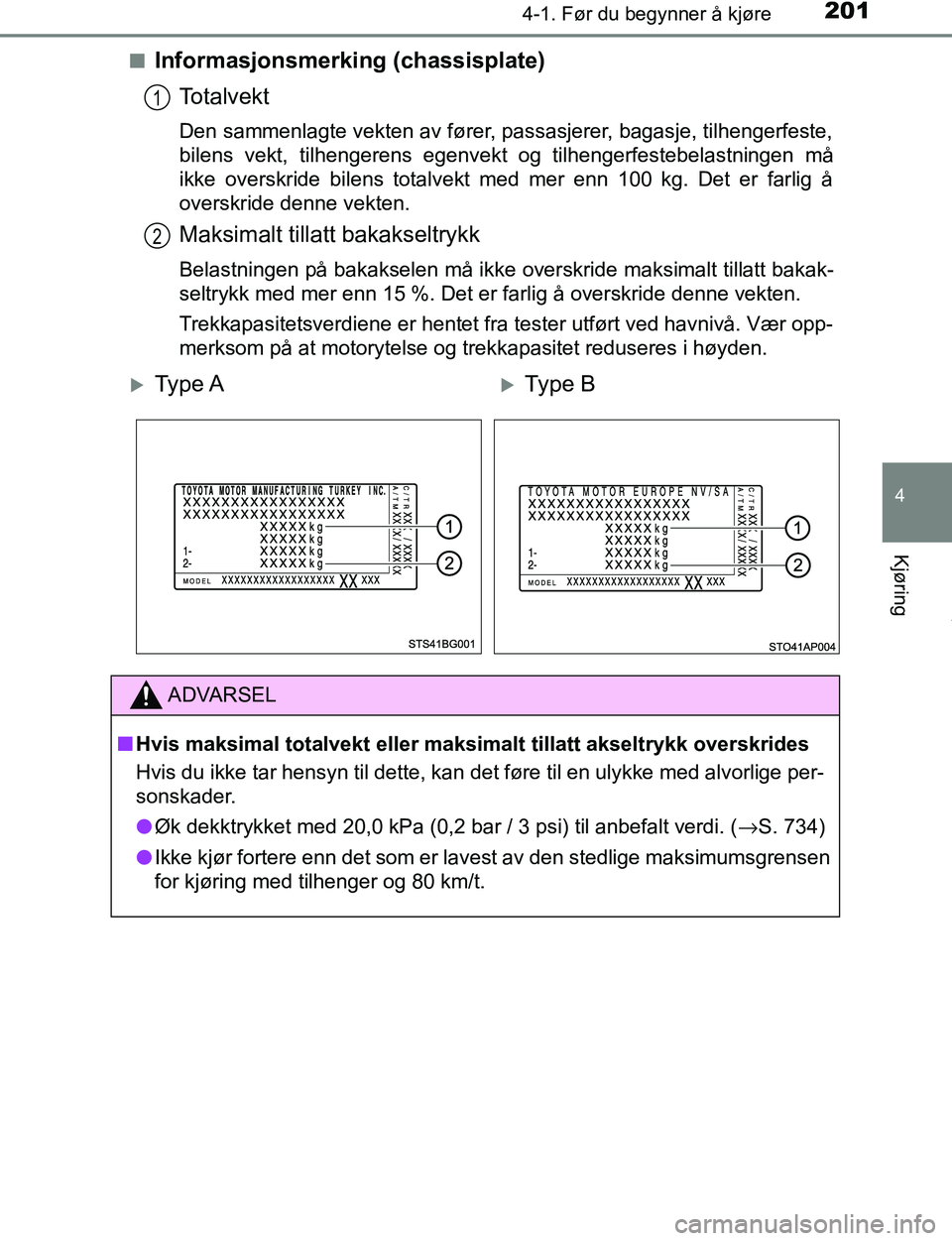 TOYOTA C-HR 2017 Instruksjoner for bruk (in Norwegian) 2014-1. Før du begynner å kjøre
4
Kjøring
C-HR_OM_Europe_OM10528NOn
Informasjonsmerking (chassisplate)
Totalvekt
Den sammenlagte vekten av fører, passasjerer, bagasje, tilhengerfeste,
bilens vekt TOYOTA C-HR 2017 Instruksjoner for bruk (in Norwegian) 2014-1. Før du begynner å kjøre
4
Kjøring
C-HR_OM_Europe_OM10528NOn
Informasjonsmerking (chassisplate)
Totalvekt
Den sammenlagte vekten av fører, passasjerer, bagasje, tilhengerfeste,
bilens vekt