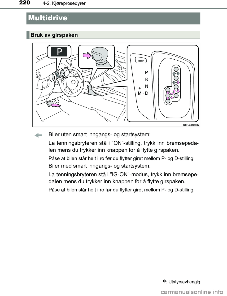 TOYOTA C-HR 2017 Instruksjoner for bruk (in Norwegian) 2204-2. Kjøreprosedyrer
C-HR_OM_Europe_OM10528NO
Multidrive∗
Biler uten smart inngangs- og startsystem:
La tenningsbryteren stå i ”ON”-stilling , trykk inn bremsepeda-
len mens du trykker inn TOYOTA C-HR 2017 Instruksjoner for bruk (in Norwegian) 2204-2. Kjøreprosedyrer
C-HR_OM_Europe_OM10528NO
Multidrive∗
Biler uten smart inngangs- og startsystem:
La tenningsbryteren stå i ”ON”-stilling , trykk inn bremsepeda-
len mens du trykker inn
