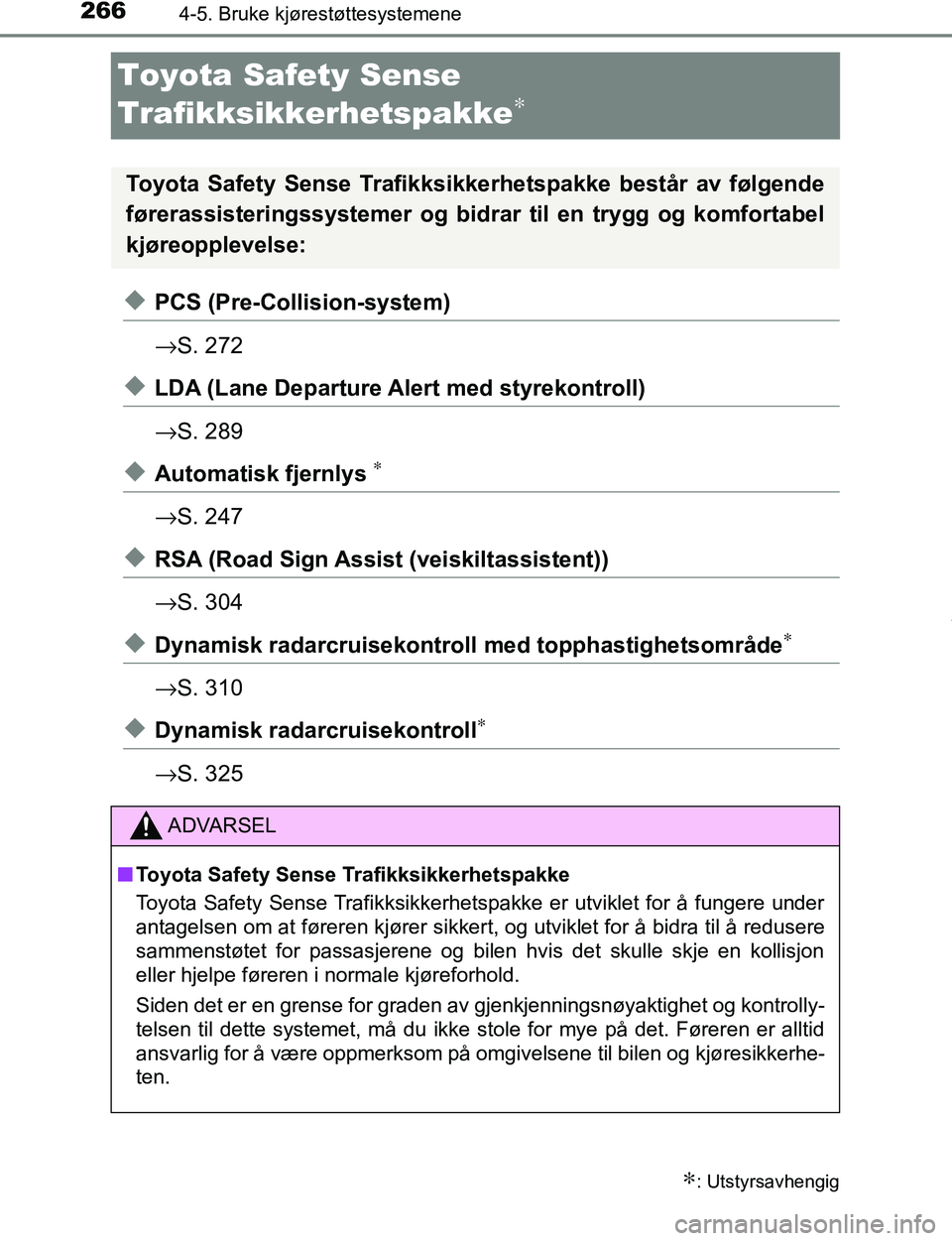 TOYOTA C-HR 2017 Instruksjoner for bruk (in Norwegian) 2664-5. Bruke kjørestøttesystemene
C-HR_OM_Europe_OM10528NO
Toyota Safety Sense
Trafikksikkerhetspakke
∗
uPCS (Pre-Collision-system)
→S. 272
uLDA (Lane Departure Al ert med styrekontroll)
→ S TOYOTA C-HR 2017 Instruksjoner for bruk (in Norwegian) 2664-5. Bruke kjørestøttesystemene
C-HR_OM_Europe_OM10528NO
Toyota Safety Sense
Trafikksikkerhetspakke
∗
uPCS (Pre-Collision-system)
→S. 272
uLDA (Lane Departure Al ert med styrekontroll)
→ S