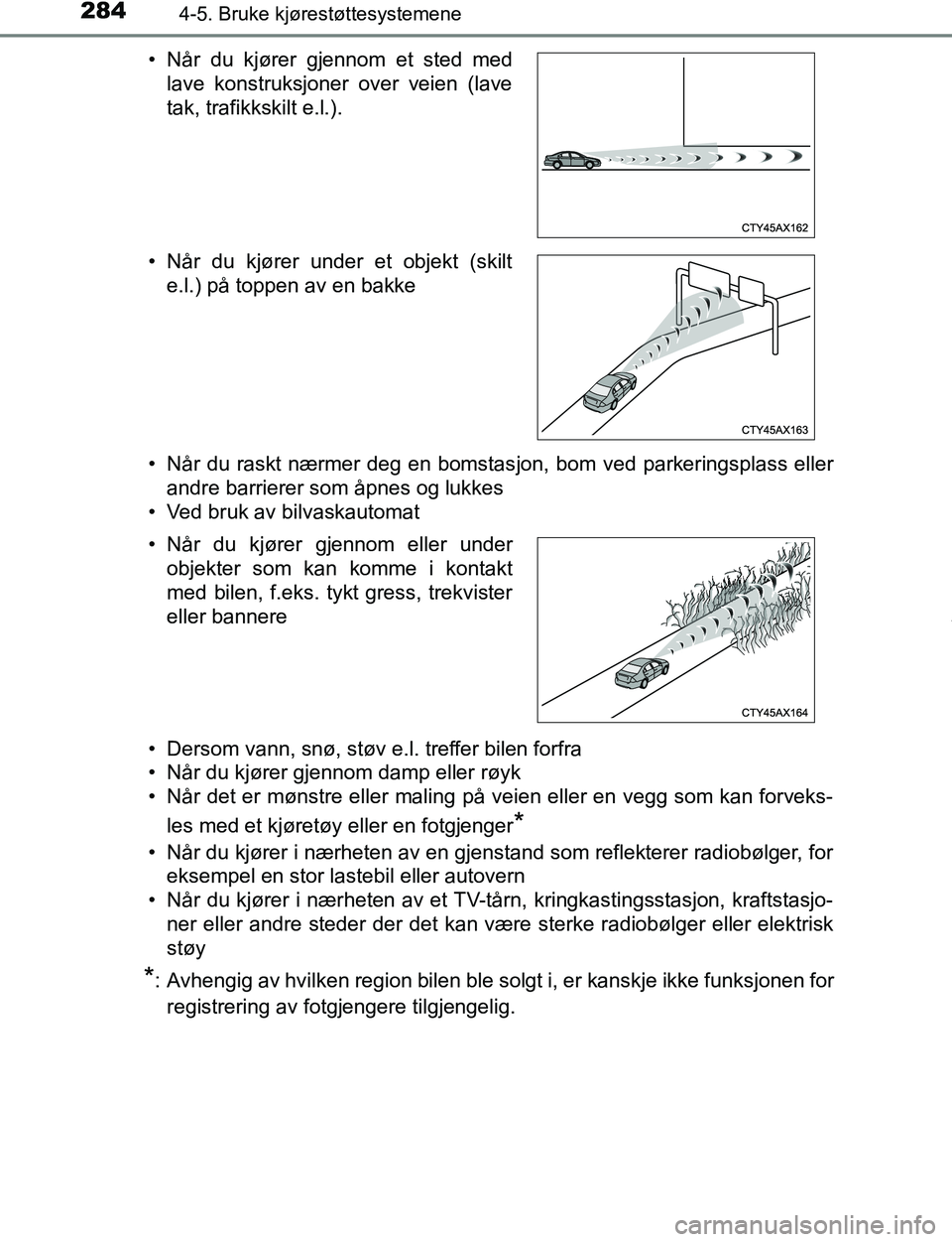 TOYOTA C-HR 2017 Instruksjoner for bruk (in Norwegian) 2844-5. Bruke kjørestøttesystemene
C-HR_OM_Europe_OM10528NO• Når du raskt nærmer deg en bomstas
jon, bom ved parkeringsplass eller
andre barrierer som åpnes og lukkes
• Ved bruk av bilvaskaut TOYOTA C-HR 2017 Instruksjoner for bruk (in Norwegian) 2844-5. Bruke kjørestøttesystemene
C-HR_OM_Europe_OM10528NO• Når du raskt nærmer deg en bomstas
jon, bom ved parkeringsplass eller
andre barrierer som åpnes og lukkes
• Ved bruk av bilvaskaut