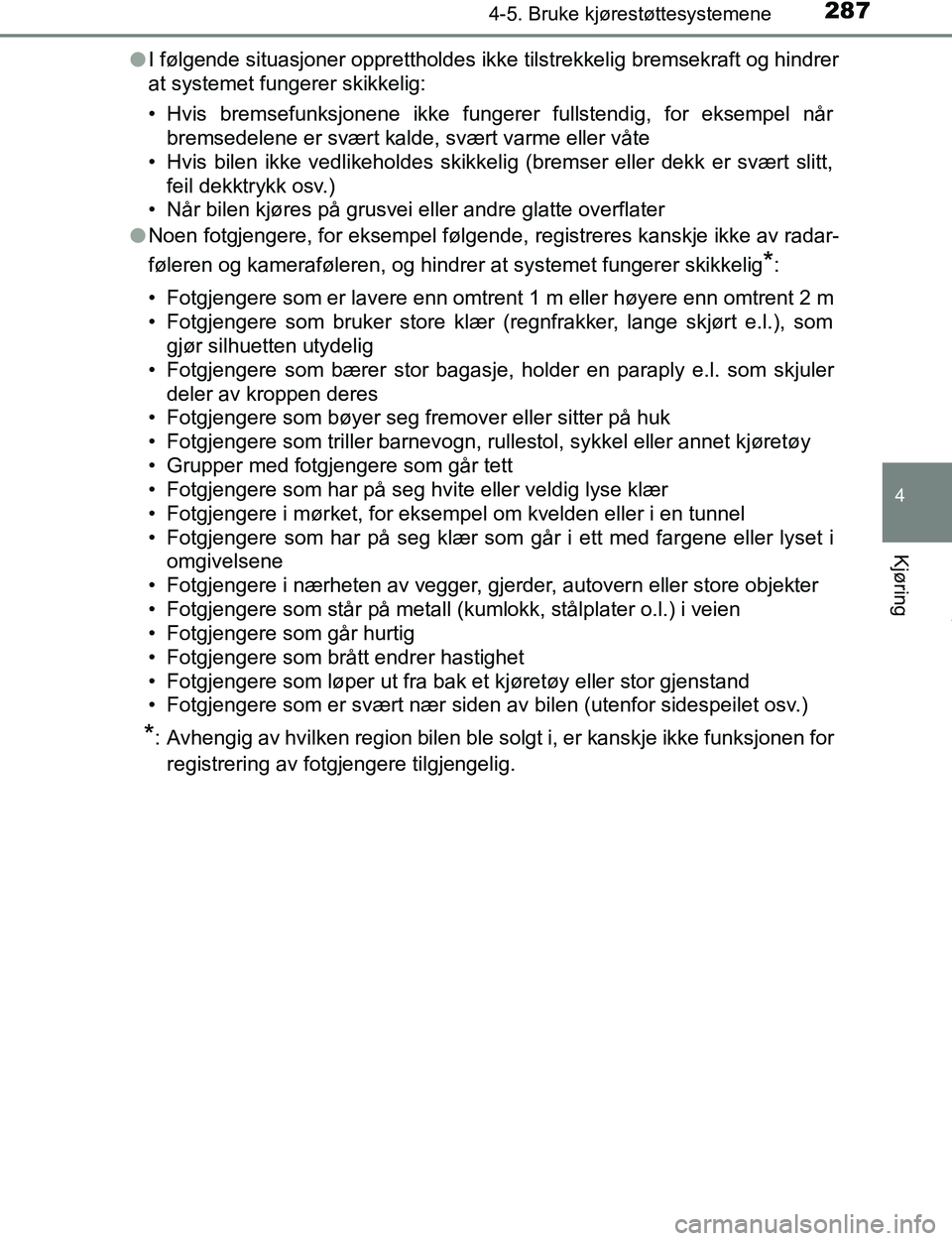 TOYOTA C-HR 2017 Instruksjoner for bruk (in Norwegian) 2874-5. Bruke kjørestøttesystemene
4
Kjøring
C-HR_OM_Europe_OM10528NOl
I følgende situasjoner opprettholdes ikke tilstrekkelig bremsekraft og hindrer
at systemet fungerer skikkelig:
• Hvis brems TOYOTA C-HR 2017 Instruksjoner for bruk (in Norwegian) 2874-5. Bruke kjørestøttesystemene
4
Kjøring
C-HR_OM_Europe_OM10528NOl
I følgende situasjoner opprettholdes ikke tilstrekkelig bremsekraft og hindrer
at systemet fungerer skikkelig:
• Hvis brems