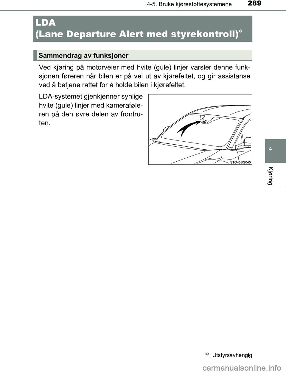 TOYOTA C-HR 2017 Instruksjoner for bruk (in Norwegian) 289
4
4-5. Bruke kjørestøttesystemene
Kjøring
C-HR_OM_Europe_OM10528NO
LDA
(Lane Departure Alert med styrekontroll)
∗
Ved kjøring på motorveier med hvit e (gule) linjer varsler denne funk-
sjo TOYOTA C-HR 2017 Instruksjoner for bruk (in Norwegian) 289
4
4-5. Bruke kjørestøttesystemene
Kjøring
C-HR_OM_Europe_OM10528NO
LDA
(Lane Departure Alert med styrekontroll)
∗
Ved kjøring på motorveier med hvit e (gule) linjer varsler denne funk-
sjo
