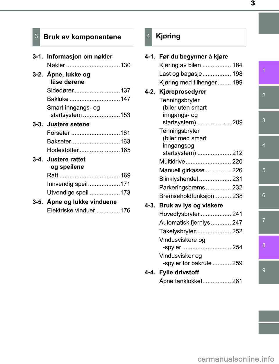 TOYOTA C-HR 2017  Instruksjoner for bruk (in Norwegian) 3
1
9 8
7 5 4
3
2
C-HR_OM_Europe_OM10528NO
6
3-1. Informasjon om nøklerNøkler ................................130
3-2. Åpne, lukke og  låse dørene
Sidedører ...........................137
Bakluk