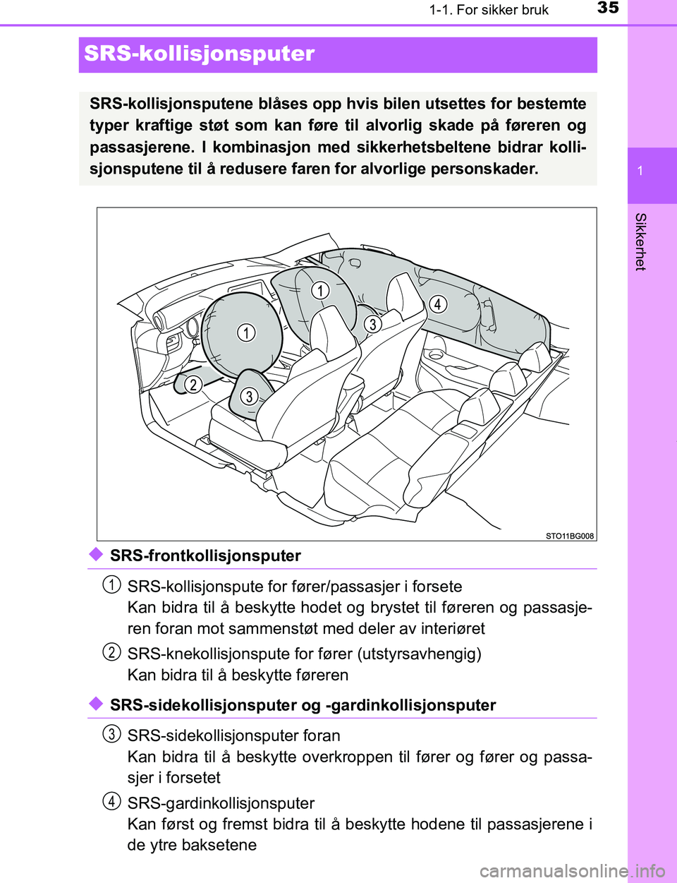 TOYOTA C-HR 2017 Instruksjoner for bruk (in Norwegian) 351-1. For sikker bruk
1
Sikkerhet
C-HR_OM_Europe_OM10528NO
SRS-kollisjonsputer
uSRS-frontkollisjonsputerSRS-kollisjonspute for fører/passasjer i forsete
Kan bidra til å beskytte hodet og brystet ti TOYOTA C-HR 2017 Instruksjoner for bruk (in Norwegian) 351-1. For sikker bruk
1
Sikkerhet
C-HR_OM_Europe_OM10528NO
SRS-kollisjonsputer
uSRS-frontkollisjonsputerSRS-kollisjonspute for fører/passasjer i forsete
Kan bidra til å beskytte hodet og brystet ti