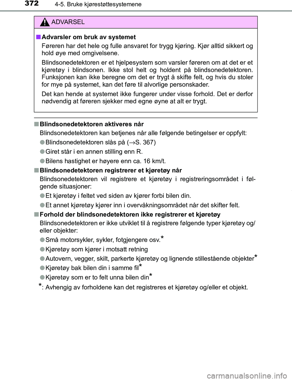 TOYOTA C-HR 2017 Instruksjoner for bruk (in Norwegian) 3724-5. Bruke kjørestøttesystemene
C-HR_OM_Europe_OM10528NO
nBlindsonedetektoren aktiveres når
Blindsonedetektoren kan betjenes når alle følgende betingelser er oppfylt:
lBlindsonedetektoren slå TOYOTA C-HR 2017 Instruksjoner for bruk (in Norwegian) 3724-5. Bruke kjørestøttesystemene
C-HR_OM_Europe_OM10528NO
nBlindsonedetektoren aktiveres når
Blindsonedetektoren kan betjenes når alle følgende betingelser er oppfylt:
lBlindsonedetektoren slå