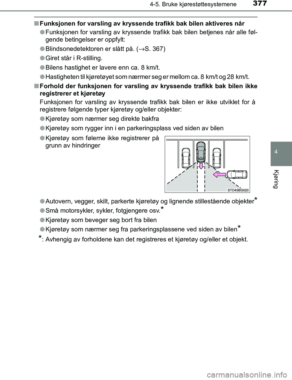 TOYOTA C-HR 2017 Instruksjoner for bruk (in Norwegian) 3774-5. Bruke kjørestøttesystemene
4
Kjøring
C-HR_OM_Europe_OM10528NO
nFunksjonen for varsling av kryssende trafikk bak bilen aktiveres når
l Funksjonen for varsling av kryssende trafikk bak bile TOYOTA C-HR 2017 Instruksjoner for bruk (in Norwegian) 3774-5. Bruke kjørestøttesystemene
4
Kjøring
C-HR_OM_Europe_OM10528NO
nFunksjonen for varsling av kryssende trafikk bak bilen aktiveres når
l Funksjonen for varsling av kryssende trafikk bak bile