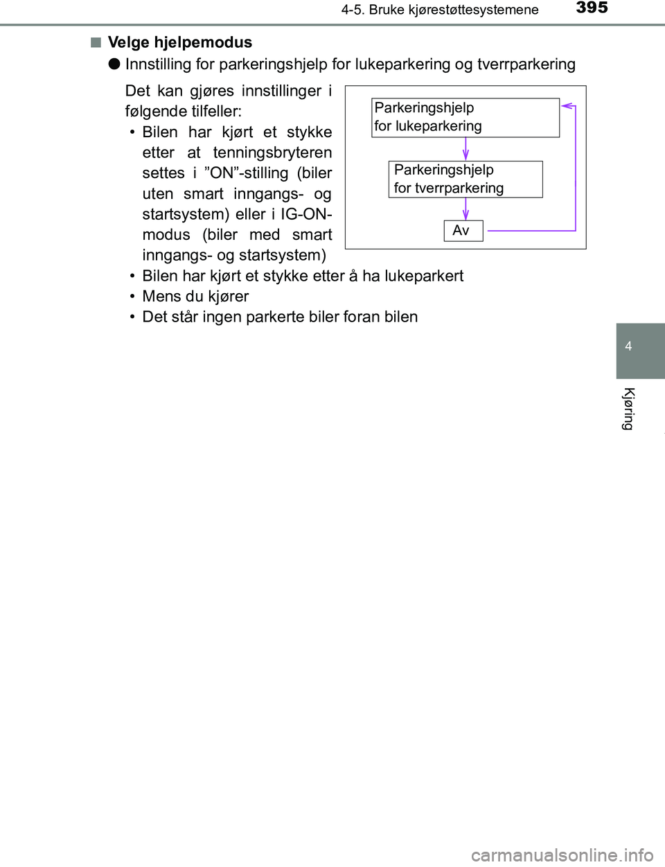 TOYOTA C-HR 2017  Instruksjoner for bruk (in Norwegian) 3954-5. Bruke kjørestøttesystemene
4
Kjøring
C-HR_OM_Europe_OM10528NOn
Velge hjelpemodus
l
Innstilling for parkerings hjelp for lukeparkering og tverrparkering
Det kan gjøres  innstillinger i
føl