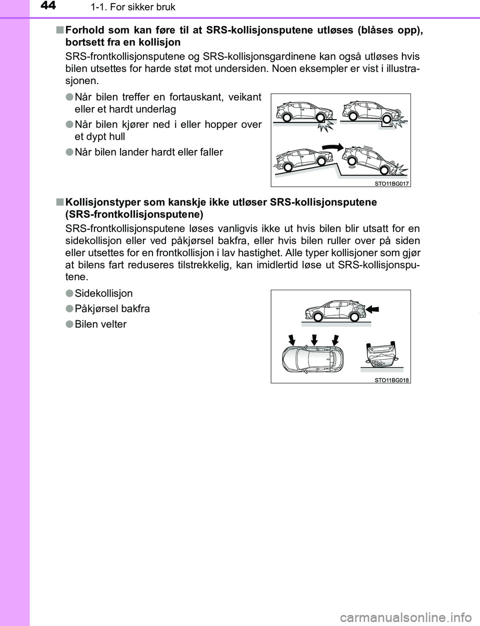 TOYOTA C-HR 2017 Instruksjoner for bruk (in Norwegian) 441-1. For sikker bruk
C-HR_OM_Europe_OM10528NOn
Forhold som kan føre til at SRS-kollisjonsputene utløses (blåses opp),
bortsett fra en kollisjon
SRS-frontkollisjonsputene og SRS-kollisjonsgardinen TOYOTA C-HR 2017 Instruksjoner for bruk (in Norwegian) 441-1. For sikker bruk
C-HR_OM_Europe_OM10528NOn
Forhold som kan føre til at SRS-kollisjonsputene utløses (blåses opp),
bortsett fra en kollisjon
SRS-frontkollisjonsputene og SRS-kollisjonsgardinen