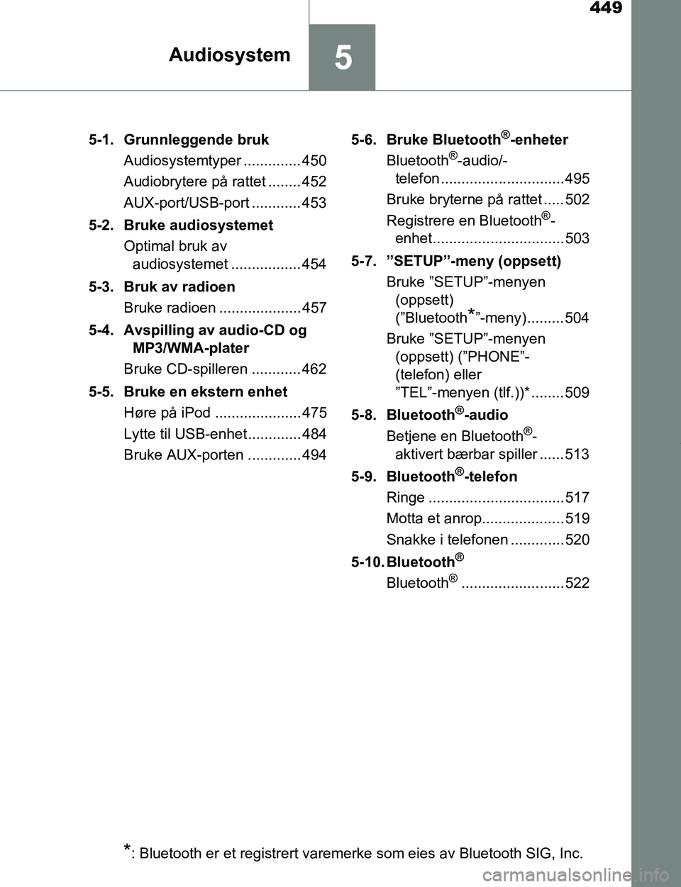 TOYOTA C-HR 2017 Instruksjoner for bruk (in Norwegian) 449
5Audiosystem
C-HR_OM_Europe_OM10528NO5-1. Grunnleggende bruk
Audiosystemtyper .............. 450
Audiobrytere på rattet ........ 452
AUX-port/USB-port ............ 453
5-2. Bruke audiosystemet Op TOYOTA C-HR 2017 Instruksjoner for bruk (in Norwegian) 449
5Audiosystem
C-HR_OM_Europe_OM10528NO5-1. Grunnleggende bruk
Audiosystemtyper .............. 450
Audiobrytere på rattet ........ 452
AUX-port/USB-port ............ 453
5-2. Bruke audiosystemet Op
