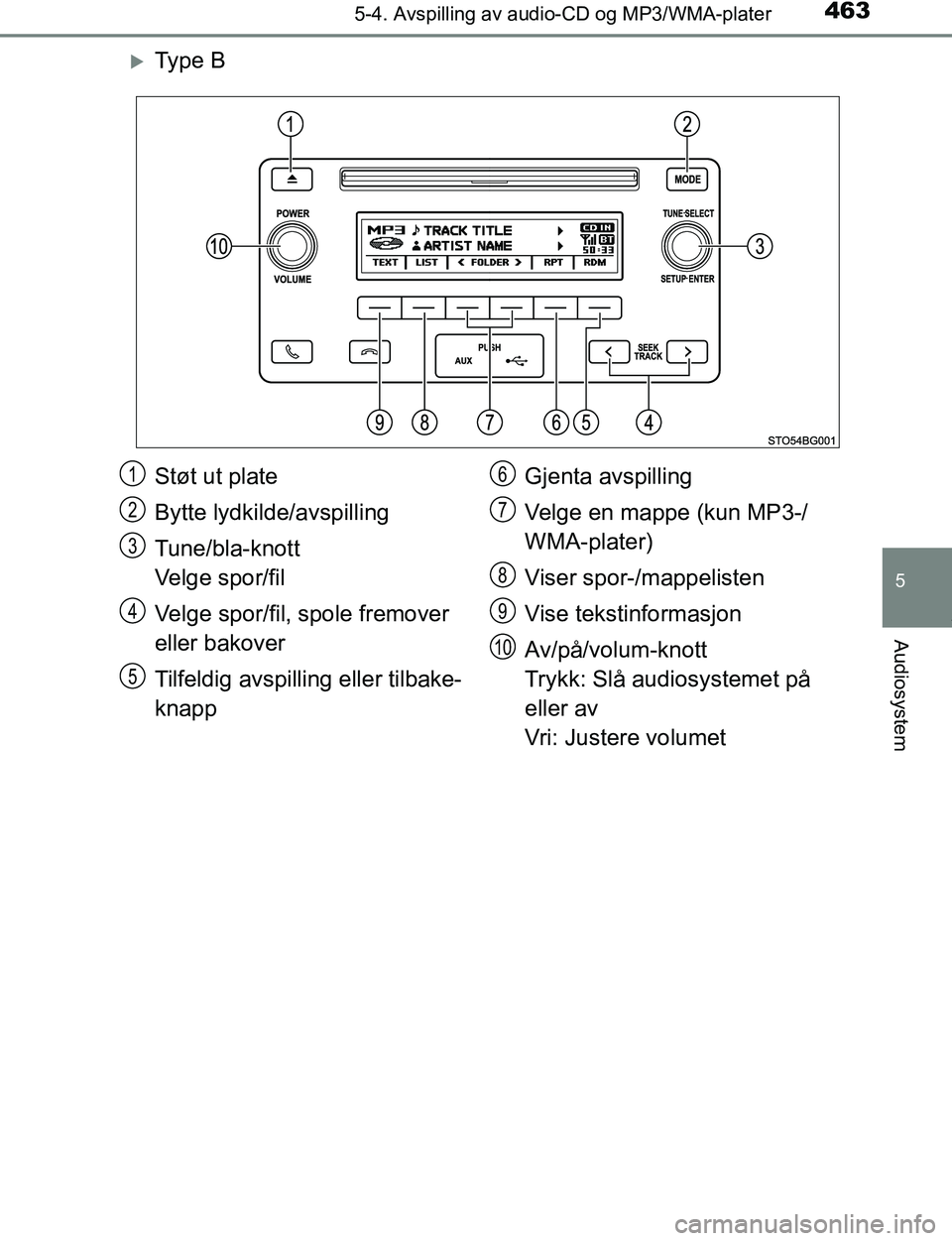 TOYOTA C-HR 2017 Instruksjoner for bruk (in Norwegian) 4635-4. Avspilling av audio-CD og MP3/WMA-plater
5
Audiosystem
C-HR_OM_Europe_OM10528NO
Ty p e B
Støt ut plate
Bytte lydkilde/avspilling
Tune/bla-knott
Velge spor/fil
Velge spor/fil, spole fremo TOYOTA C-HR 2017 Instruksjoner for bruk (in Norwegian) 4635-4. Avspilling av audio-CD og MP3/WMA-plater
5
Audiosystem
C-HR_OM_Europe_OM10528NO
Ty p e B
Støt ut plate
Bytte lydkilde/avspilling
Tune/bla-knott
Velge spor/fil
Velge spor/fil, spole fremo