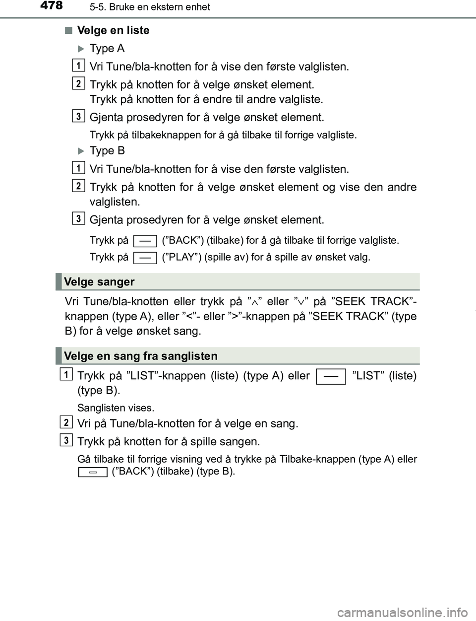TOYOTA C-HR 2017 Instruksjoner for bruk (in Norwegian) 4785-5. Bruke en ekstern enhet
C-HR_OM_Europe_OM10528NOn
Velge en liste
Type A
Vri Tune/bla-knotten for å vise den første valglisten.
Trykk på knotten for å velge ønsket element.
Trykk på kn TOYOTA C-HR 2017 Instruksjoner for bruk (in Norwegian) 4785-5. Bruke en ekstern enhet
C-HR_OM_Europe_OM10528NOn
Velge en liste
Type A
Vri Tune/bla-knotten for å vise den første valglisten.
Trykk på knotten for å velge ønsket element.
Trykk på kn