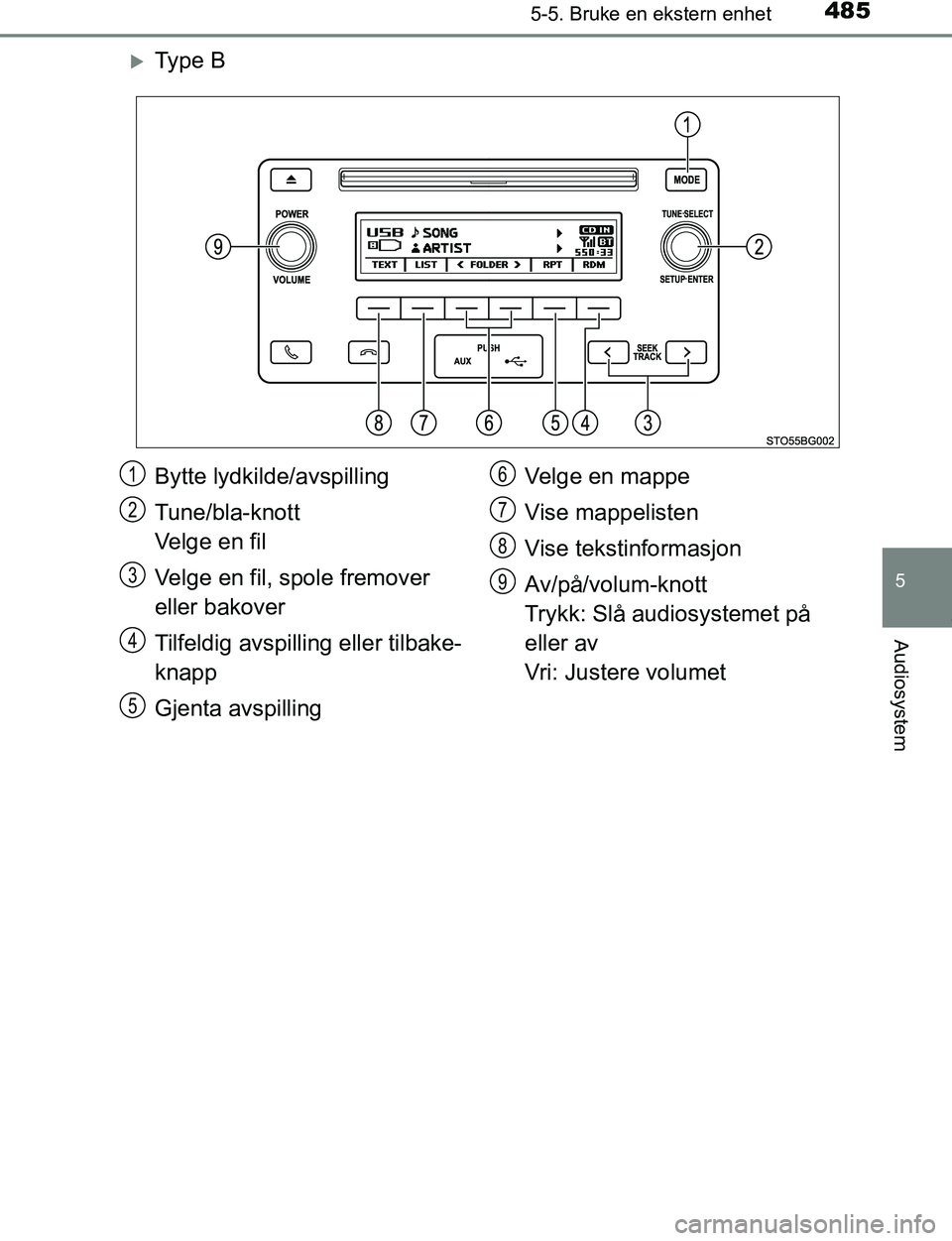 TOYOTA C-HR 2017  Instruksjoner for bruk (in Norwegian) 4855-5. Bruke en ekstern enhet
5
Audiosystem
C-HR_OM_Europe_OM10528NO
Ty p e  B
Bytte lydkilde/avspilling
Tune/bla-knott 
Velge en fil
Velge en fil, spole fremover 
eller bakover
Tilfeldig avspilli