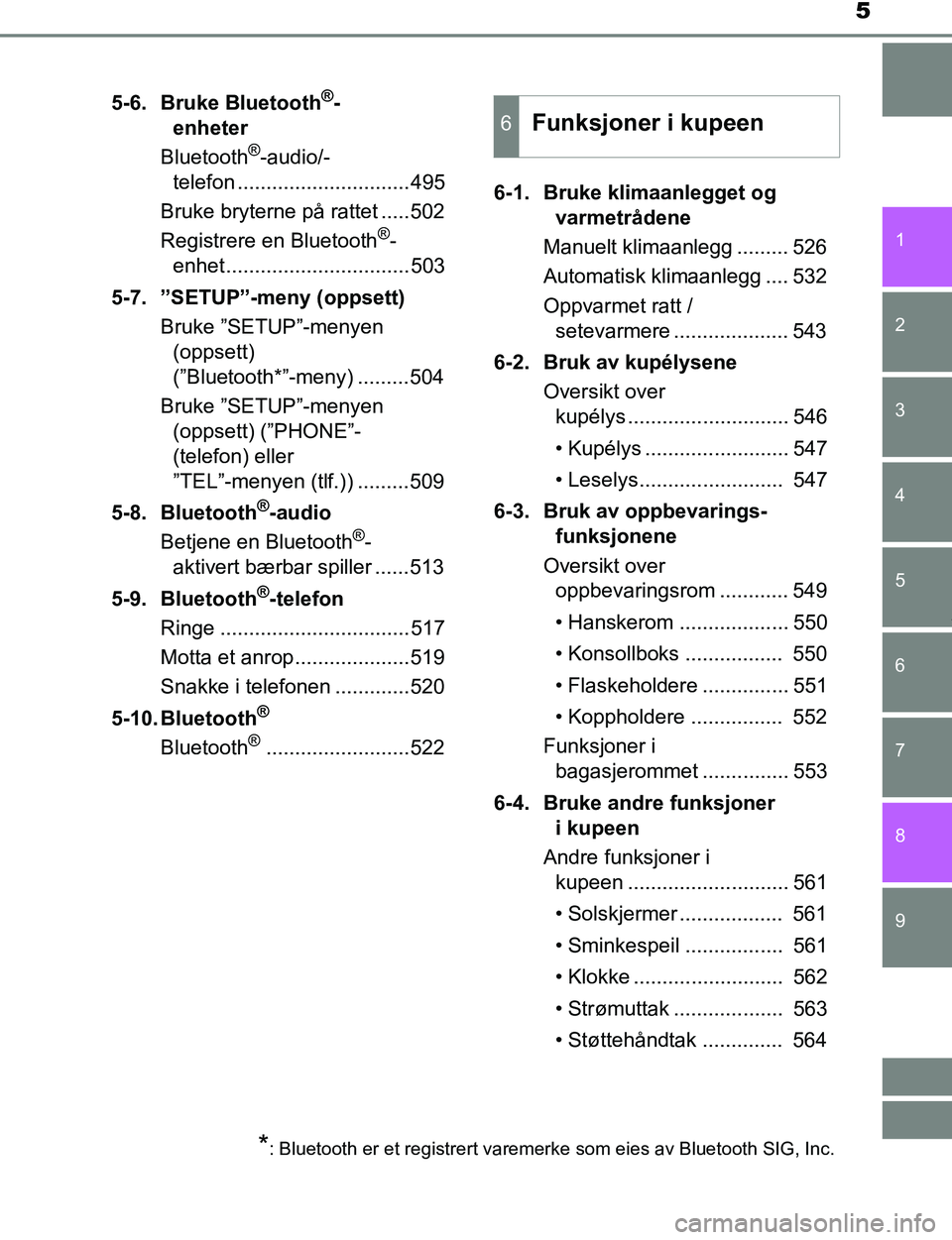 TOYOTA C-HR 2017  Instruksjoner for bruk (in Norwegian) 5
1
9 8
7 5 4
3
2
C-HR_OM_Europe_OM10528NO
6
5-6. Bruke Bluetooth®-
enheter
Bluetooth
®-audio/-
telefon ..............................495
Bruke bryterne på rattet .....502
Registrere en Bluetooth
