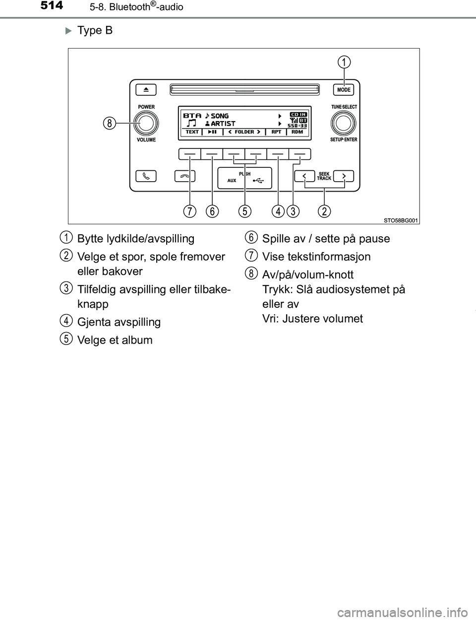 TOYOTA C-HR 2017 Instruksjoner for bruk (in Norwegian) 5145-8. Bluetooth®-audio
C-HR_OM_Europe_OM10528NO
Ty p e B
Bytte lydkilde/avspilling
Velge et spor, spole fremover
eller bakover
Tilfeldig avspilling eller tilbake-
knapp
Gjenta avspilling
Velge TOYOTA C-HR 2017 Instruksjoner for bruk (in Norwegian) 5145-8. Bluetooth®-audio
C-HR_OM_Europe_OM10528NO
Ty p e B
Bytte lydkilde/avspilling
Velge et spor, spole fremover
eller bakover
Tilfeldig avspilling eller tilbake-
knapp
Gjenta avspilling
Velge