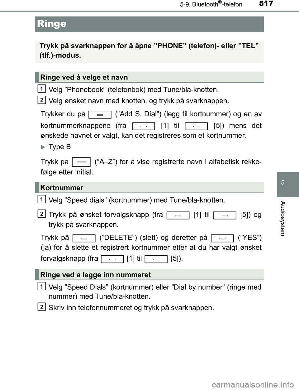 TOYOTA C-HR 2017 Instruksjoner for bruk (in Norwegian) 5175-9. Bluetooth®-telefon
5
Audiosystem
C-HR_OM_Europe_OM10528NO
Ringe
Velg ”Phonebook” (telefonbok) med Tune/bla-knotten.
Velg ønsket navn med knotten, og trykk på svarknappen.
Trykker du på TOYOTA C-HR 2017 Instruksjoner for bruk (in Norwegian) 5175-9. Bluetooth®-telefon
5
Audiosystem
C-HR_OM_Europe_OM10528NO
Ringe
Velg ”Phonebook” (telefonbok) med Tune/bla-knotten.
Velg ønsket navn med knotten, og trykk på svarknappen.
Trykker du på