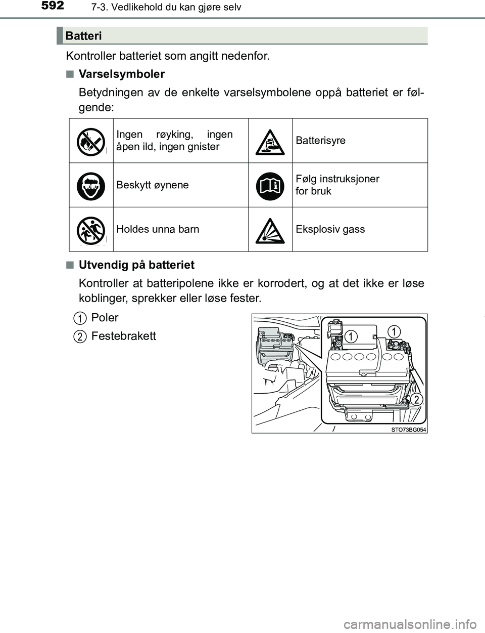 TOYOTA C-HR 2017 Instruksjoner for bruk (in Norwegian) 5927-3. Vedlikehold du kan gjøre selv
C-HR_OM_Europe_OM10528NO
Kontroller batteriet som angitt nedenfor.
nVarselsymboler
Betydningen av de enkelte varselsymbolene oppå batteriet er føl-
gende:
nUtv TOYOTA C-HR 2017 Instruksjoner for bruk (in Norwegian) 5927-3. Vedlikehold du kan gjøre selv
C-HR_OM_Europe_OM10528NO
Kontroller batteriet som angitt nedenfor.
nVarselsymboler
Betydningen av de enkelte varselsymbolene oppå batteriet er føl-
gende:
nUtv