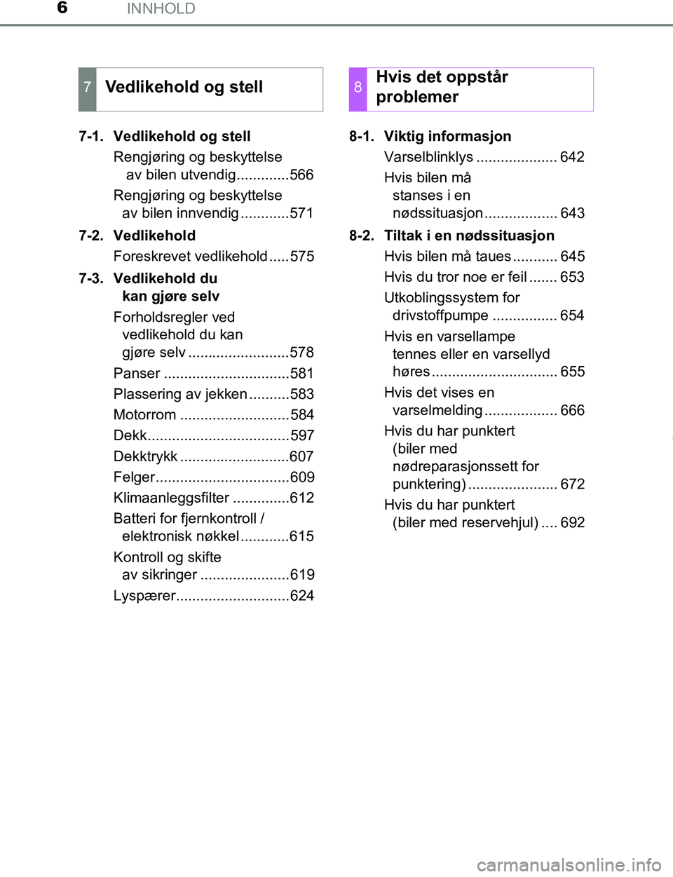 TOYOTA C-HR 2017  Instruksjoner for bruk (in Norwegian) INNHOLD6
C-HR_OM_Europe_OM10528NO7-1. Vedlikehold og stell
Rengjøring og beskyttelse av bilen utvendig.............566
Rengjøring og beskyttelse  av bilen innvendig ............571
7-2. Vedlikehold 