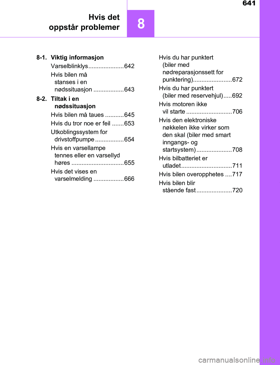 TOYOTA C-HR 2017 Instruksjoner for bruk (in Norwegian) 641
8
Hvis det
oppstår problemer
C-HR_OM_Europe_OM10528NO 8-1. Viktig informasjon
Varselblinklys..................... 642
Hvis bilen må stanses i en
nødssituasjon .................. 643
8-2. Tilta TOYOTA C-HR 2017 Instruksjoner for bruk (in Norwegian) 641
8
Hvis det
oppstår problemer
C-HR_OM_Europe_OM10528NO 8-1. Viktig informasjon
Varselblinklys..................... 642
Hvis bilen må stanses i en
nødssituasjon .................. 643
8-2. Tilta