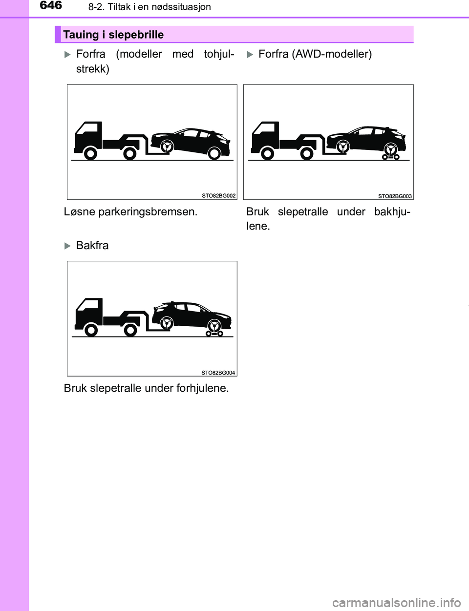 TOYOTA C-HR 2017 Instruksjoner for bruk (in Norwegian) 6468-2. Tiltak i en nødssituasjon
C-HR_OM_Europe_OM10528NO
Tauing i slepebrille
Forfra (modeller med tohjul-
strekk)Forfra (AWD-modeller)
Løsne parkeringsbremsen.
Bruk slepetralle under bakhju TOYOTA C-HR 2017 Instruksjoner for bruk (in Norwegian) 6468-2. Tiltak i en nødssituasjon
C-HR_OM_Europe_OM10528NO
Tauing i slepebrille
Forfra (modeller med tohjul-
strekk)Forfra (AWD-modeller)
Løsne parkeringsbremsen.
Bruk slepetralle under bakhju