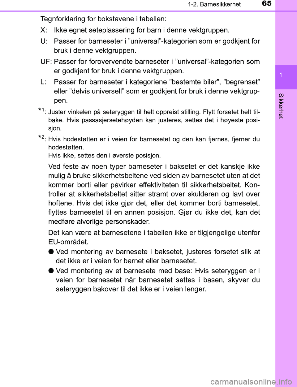 TOYOTA C-HR 2017  Instruksjoner for bruk (in Norwegian) 651-2. Barnesikkerhet
1
Sikkerhet
C-HR_OM_Europe_OM10528NO
Tegnforklaring for bokstavene i tabellen:
X: Ikke egnet seteplassering for barn i denne vektgruppen.
U: Passer for barneseter i ”universal