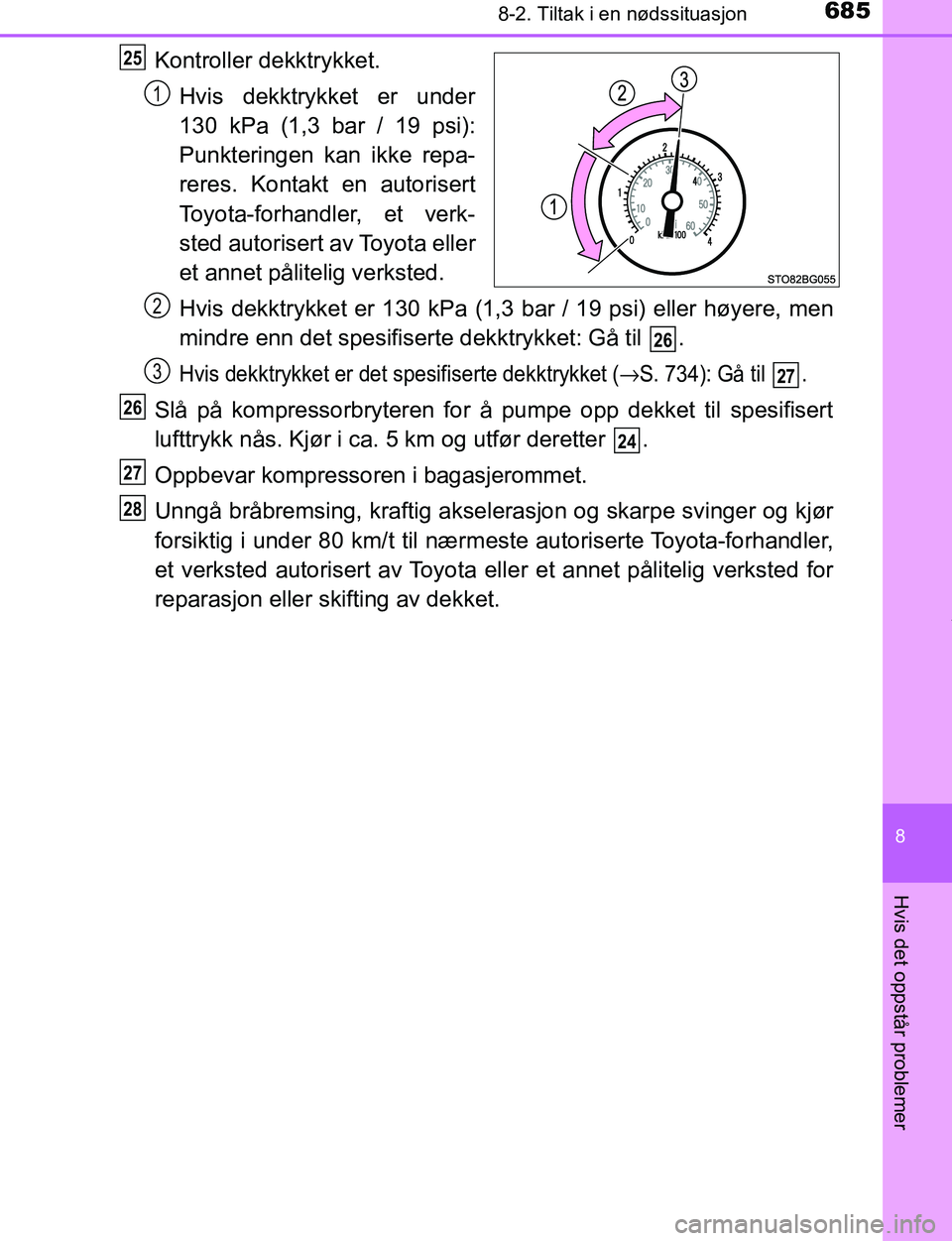 TOYOTA C-HR 2017  Instruksjoner for bruk (in Norwegian) 6858-2. Tiltak i en nødssituasjon
8
Hvis det oppstår problemer
C-HR_OM_Europe_OM10528NO
Kontroller dekktrykket.Hvis dekktrykket er under
130 kPa (1,3 bar / 19 psi):
Punkteringen kan ikke repa-
reres