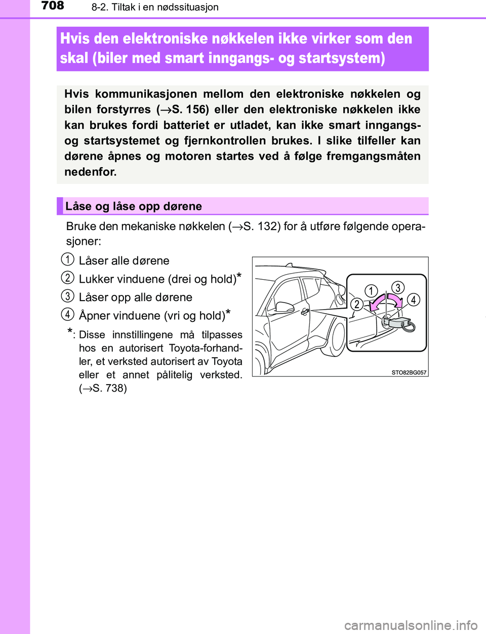 TOYOTA C-HR 2017  Instruksjoner for bruk (in Norwegian) 7088-2. Tiltak i en nødssituasjon
C-HR_OM_Europe_OM10528NO
Hvis den elektroniske nøkkelen ikke virker som den 
skal (biler med smart inngangs- og startsystem)
Bruke den mekaniske nøkkelen (→S. 13