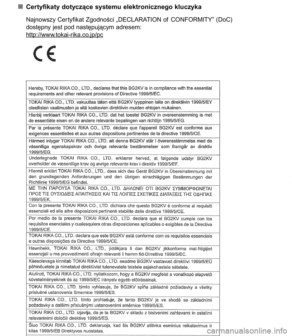 TOYOTA C-HR 2017  Instrukcja obsługi (in Polish) Certyfikaty dotyczàce systemu elektronicznego kluczyka
1783-2. Otwieranie, zamykanie oraz blokowanie drzwi
Najnowszy Cer tyfikat ZgodnoÊci „DECLARATION of CONFORMITY” (DoC)
dost´pny jest pod na
