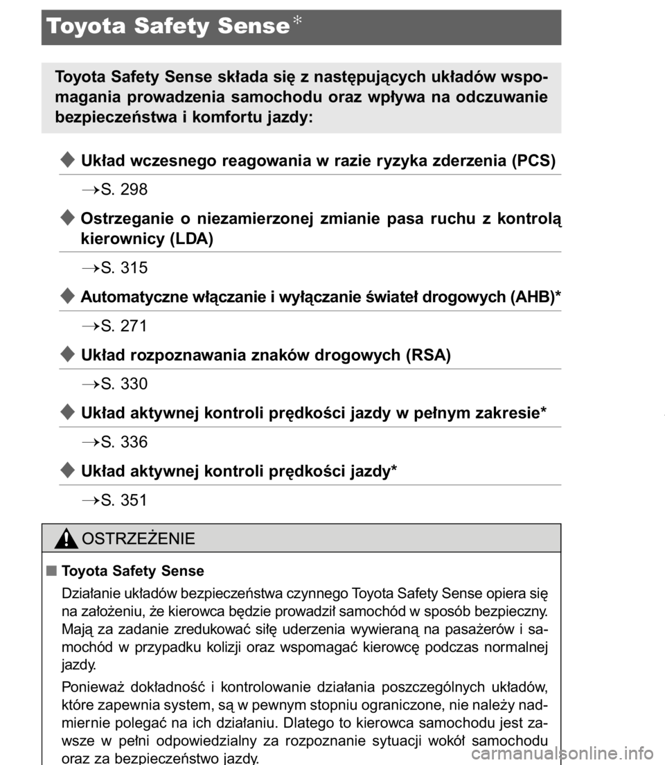 TOYOTA C-HR 2017  Instrukcja obsługi (in Polish) Uk∏ad wczesnego reagowania w razie ryzyka zderzenia (PCS)
S.  298
Ostrzeganie  o niezamierzonej  zmianie  pasa  ruchu  z kontrolà
kierownicy (LDA)
S. 315
Automatyczne w∏àczanie i wy∏àcza