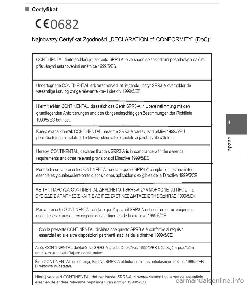 TOYOTA C-HR 2017  Instrukcja obsługi (in Polish) Certyfikat 
4-5. Korzystanie z funkcji wspomagajàcych prowadzenie samochodu395
4
Jazda
Najnowszy Cer tyfikat ZgodnoÊci „DECLARATION of CONFORMITY” (DoC):
63 C-HR OM10528E  12/19/16  2:47 PM  Pag