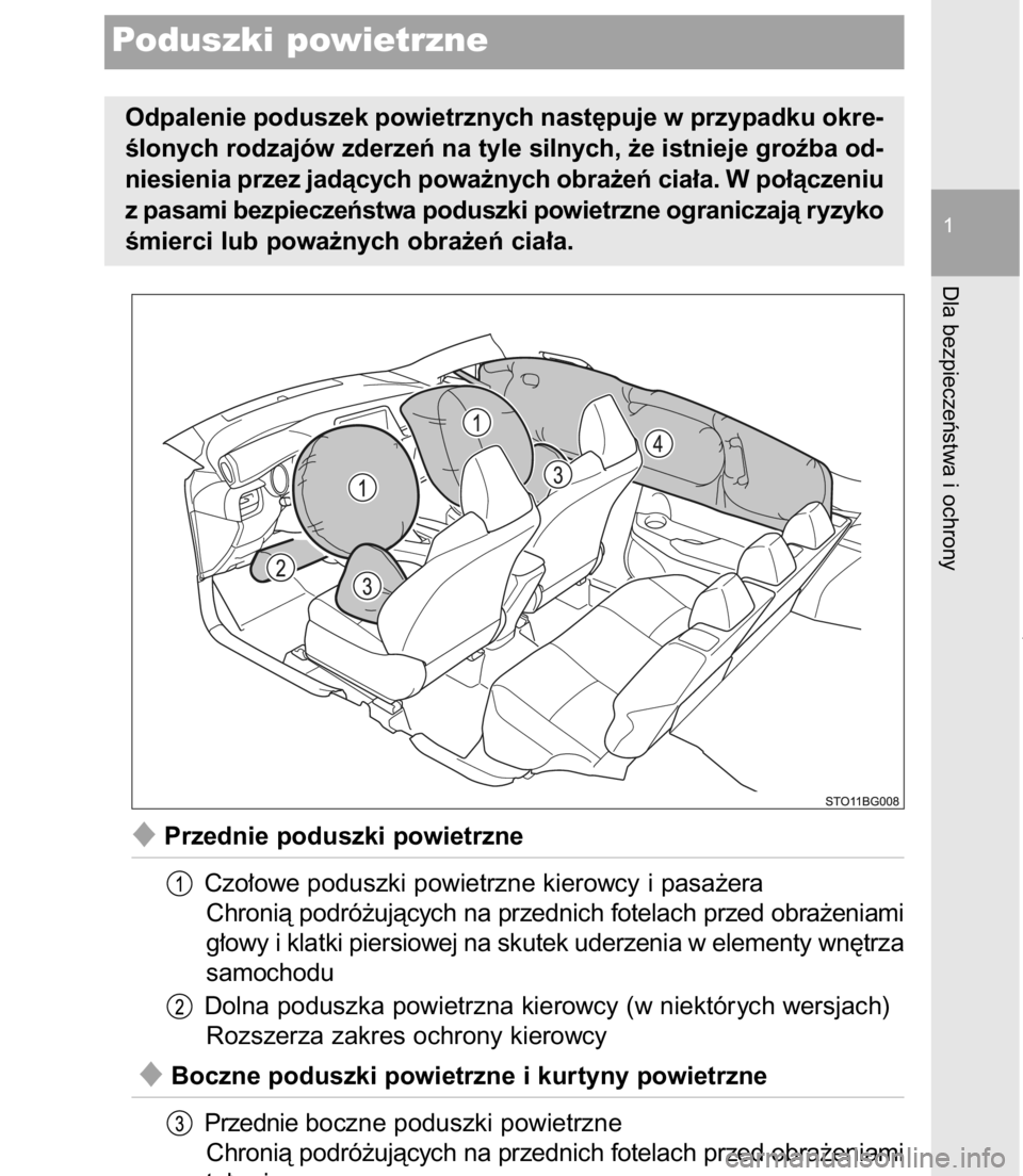 TOYOTA C-HR 2017  Instrukcja obsługi (in Polish) Przednie poduszki powietrzne
Czo∏owe poduszki powietrzne kierowcy i pasa˝era
Chronià podró˝ujàcych na przednich fotelach przed obra˝eniami
g∏owy i klatki piersiowej na skutek uderzenia w el