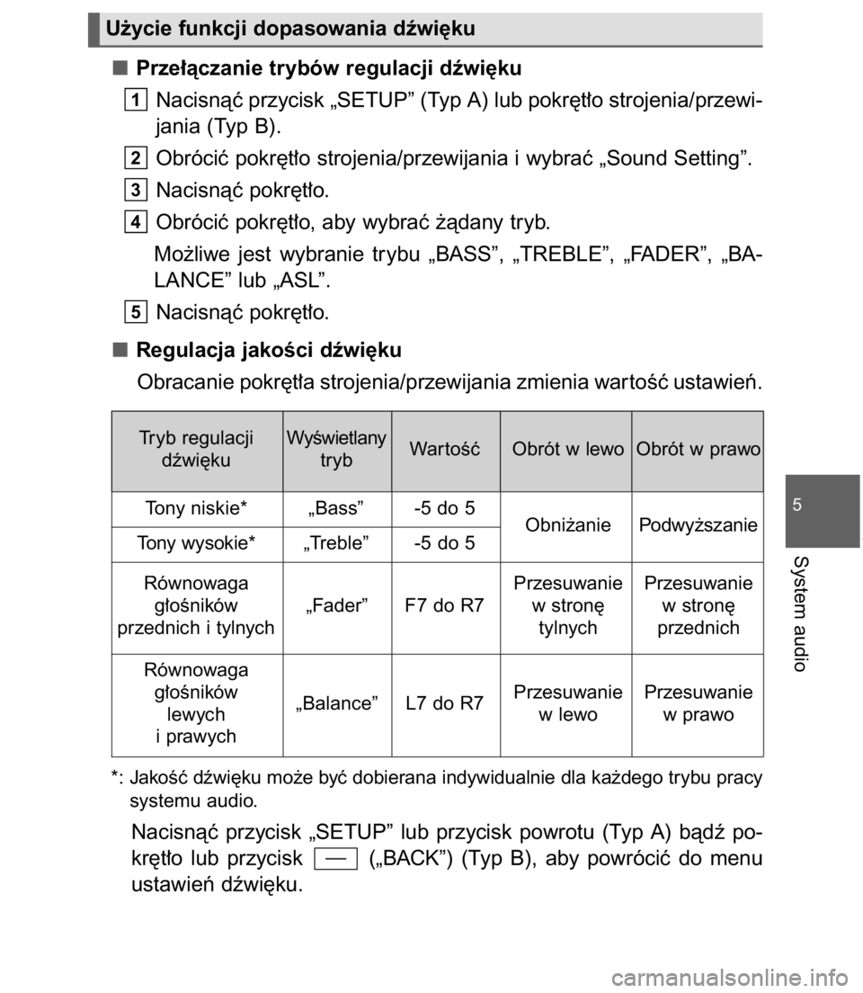 TOYOTA C-HR 2017 Instrukcja obsługi (in Polish) Prze∏àczanie trybów regulacji dêwi´ku
Nacisnàç przycisk „SETUP” (Typ A) lub pokr´t∏o strojenia/przewi-
jania (Typ B).
Obróciç pokr´t∏o strojenia/przewijania i wybraç „Sound Sett TOYOTA C-HR 2017 Instrukcja obsługi (in Polish) Prze∏àczanie trybów regulacji dêwi´ku
Nacisnàç przycisk „SETUP” (Typ A) lub pokr´t∏o strojenia/przewi-
jania (Typ B).
Obróciç pokr´t∏o strojenia/przewijania i wybraç „Sound Sett