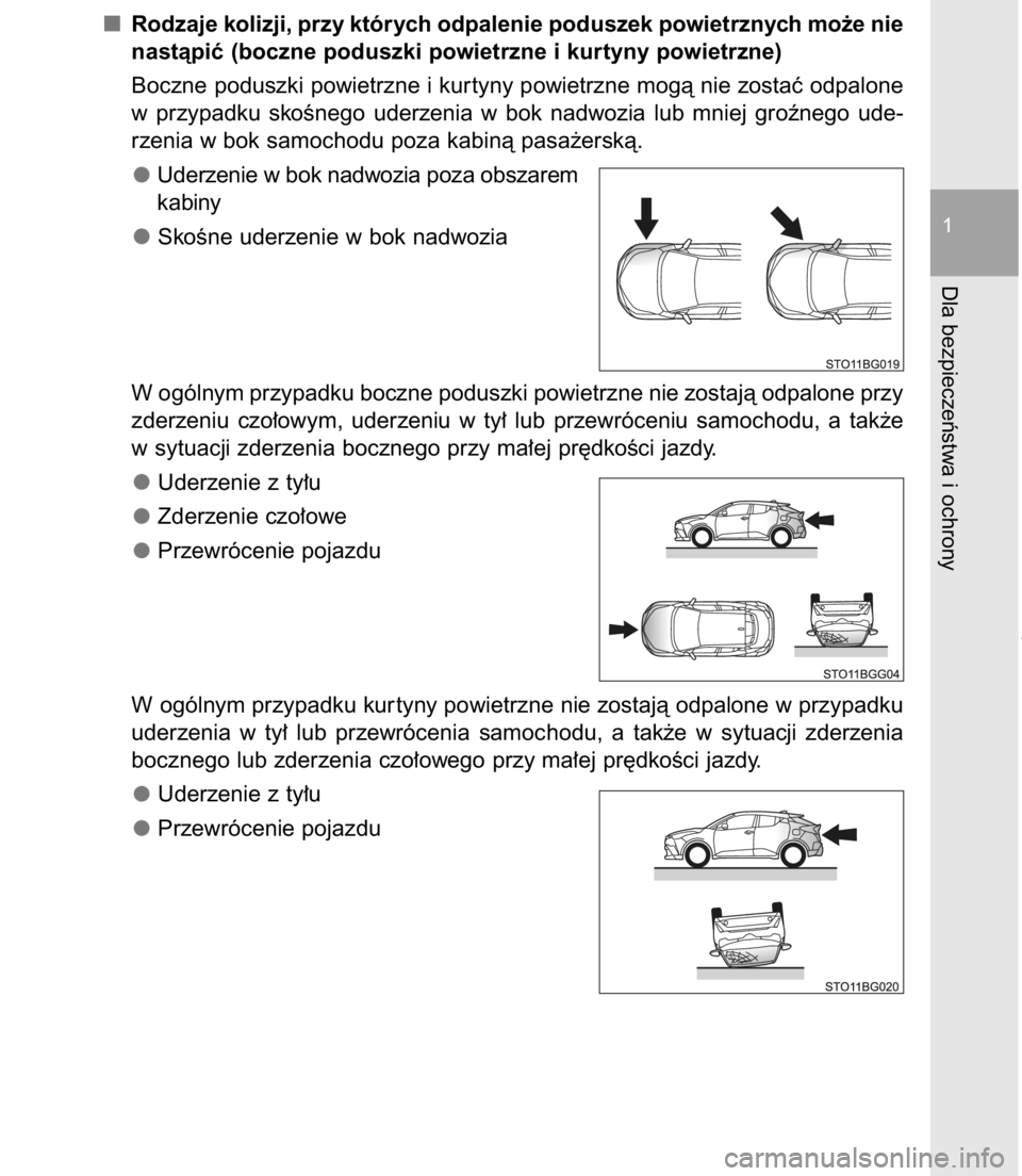 TOYOTA C-HR 2017  Instrukcja obsługi (in Polish) Rodzaje kolizji, przy których odpalenie poduszek powietrznych mo˝e nie
nastàpiç (boczne poduszki powietrzne i kurtyny powietrzne)
Boczne poduszki powietrzne i kur tyny powietrzne mogà nie zostaç