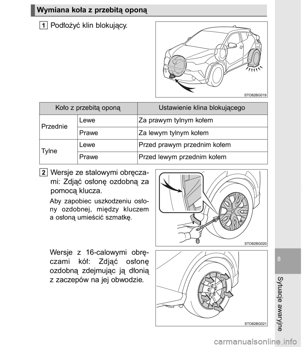 TOYOTA C-HR 2017  Instrukcja obsługi (in Polish) Pod∏o˝yç klin blokujàcy.
Wersje ze stalowymi obr´cza-
mi:  Zdjàç  os∏on´  ozdobnà  za
pomocà klucza.
Aby  zapobiec  uszkodzeniu  os∏o-
ny  ozdobnej,  mi´dzy  kluczem
a os∏onà umieÊ