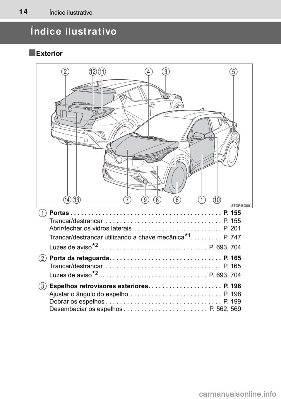 TOYOTA C-HR 2017  Manual de utilização (in Portuguese) 14�Ë�Q�G�L�F�H��L�O�X�V�W�U�D�W�L�Y�R
Índice ilustrativo
■
�(�[�W�H�U�L�R�U
�3�R�U�W�D�V �����������������������������������������������������