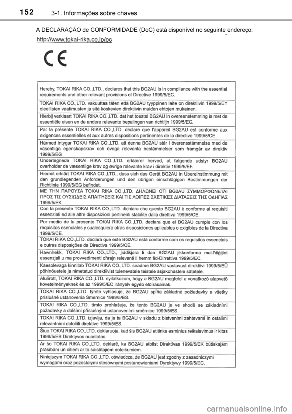 TOYOTA C-HR 2017  Manual de utilização (in Portuguese) 152������,�Q�I�R�U�P�D�o�}�H�V��V�R�E�U�H��F�K�D�Y�H�V
�$���(�&�/�$�5�$�d�