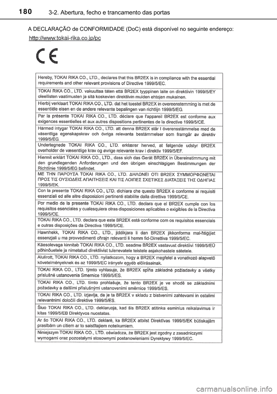 TOYOTA C-HR 2017  Manual de utilização (in Portuguese) 180������$�E�H�U�W�X�U�D���I�H�F�K�R��H��W�U�D�Q�F�D�P�H�Q�W�R��G�D�V��S�R�U�W�D�V
�$���(�&�/�$�5�$�d�