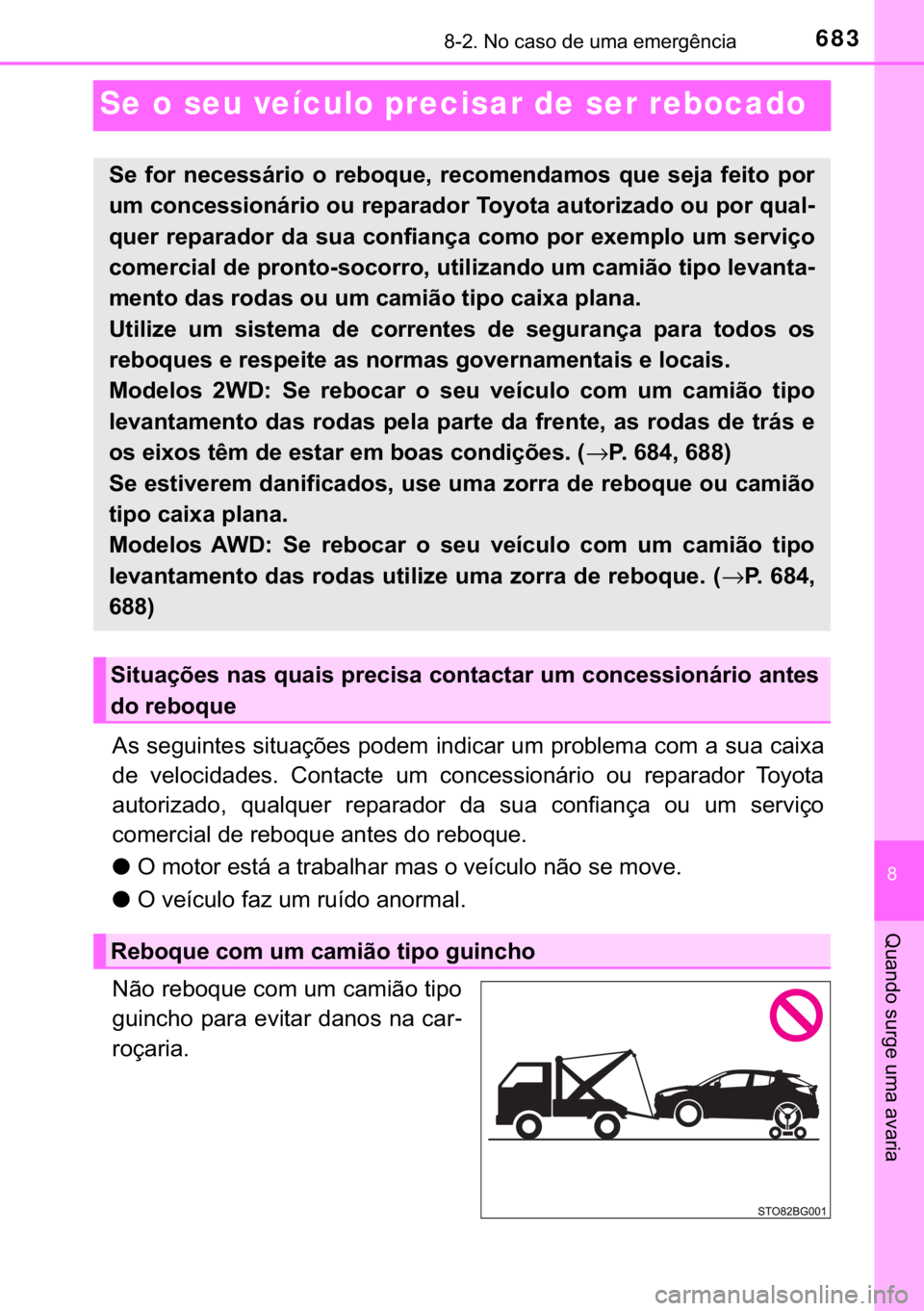 TOYOTA C-HR 2017  Manual de utilização (in Portuguese) 683������1�R��F�D�V�R��G�H��X�P�D��H�P�H�U�J�r�Q�F�L�D
�
�4�X�D�Q�G�R��V�X�U�J�H��X�P�D��D�Y�D�U�L�D
Se o seu veículo precisar de ser rebocado
�$�V��V�H�J�X�L�Q�W�H�V��V�L�W�X�D�o�}�H�