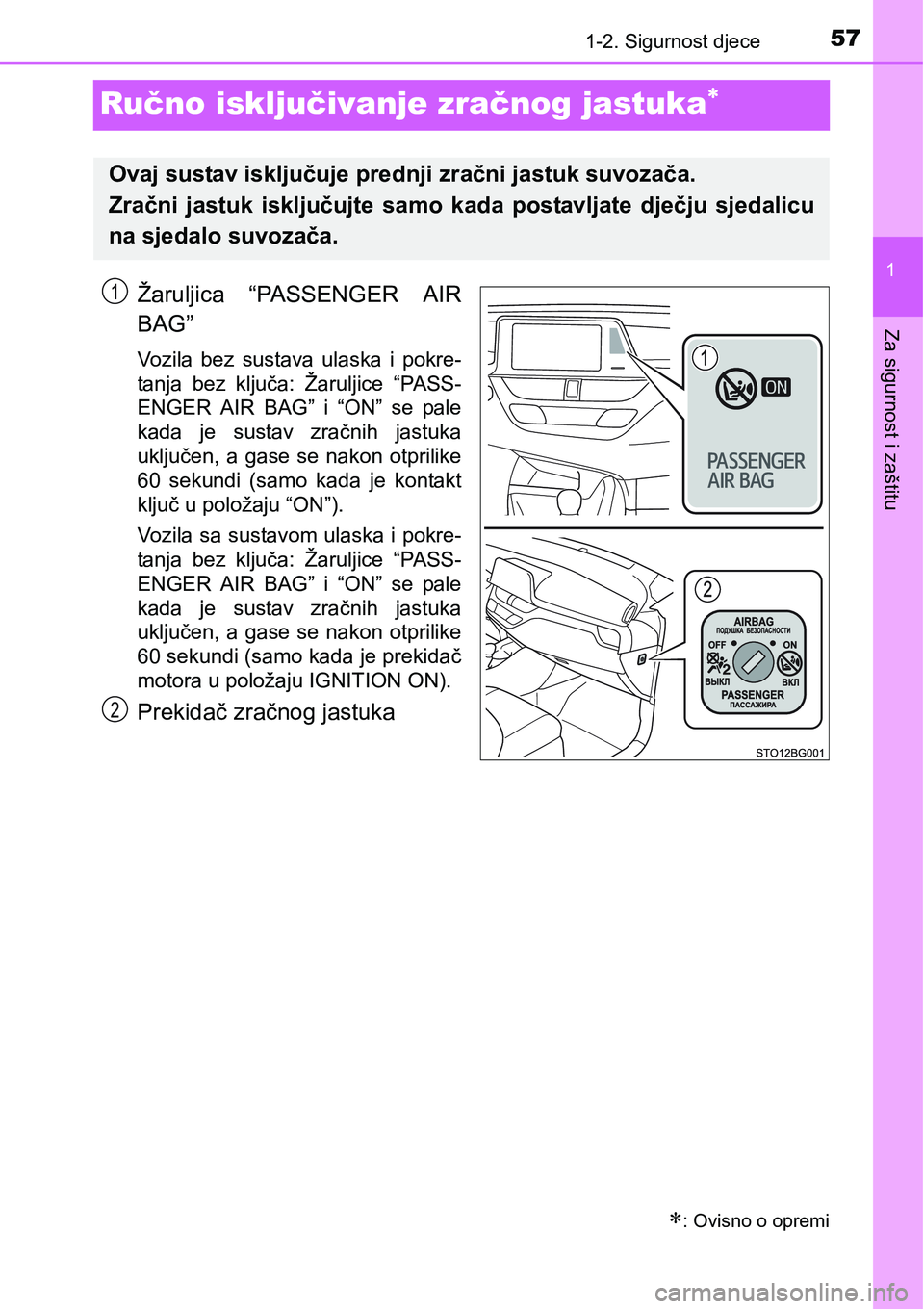 TOYOTA C-HR 2016  Upute Za Rukovanje (in Croatian) 571-2. Sigurnost djece
1
Za sigurnost i zaštitu
Ručno isključivanje zračnog jastuka
Žaruljica  “PASSENGER  AIR
BAG”
Vozila  bez  sustava  ulaska  i  pokre-
tanja  bez  ključa:  Žaruljice