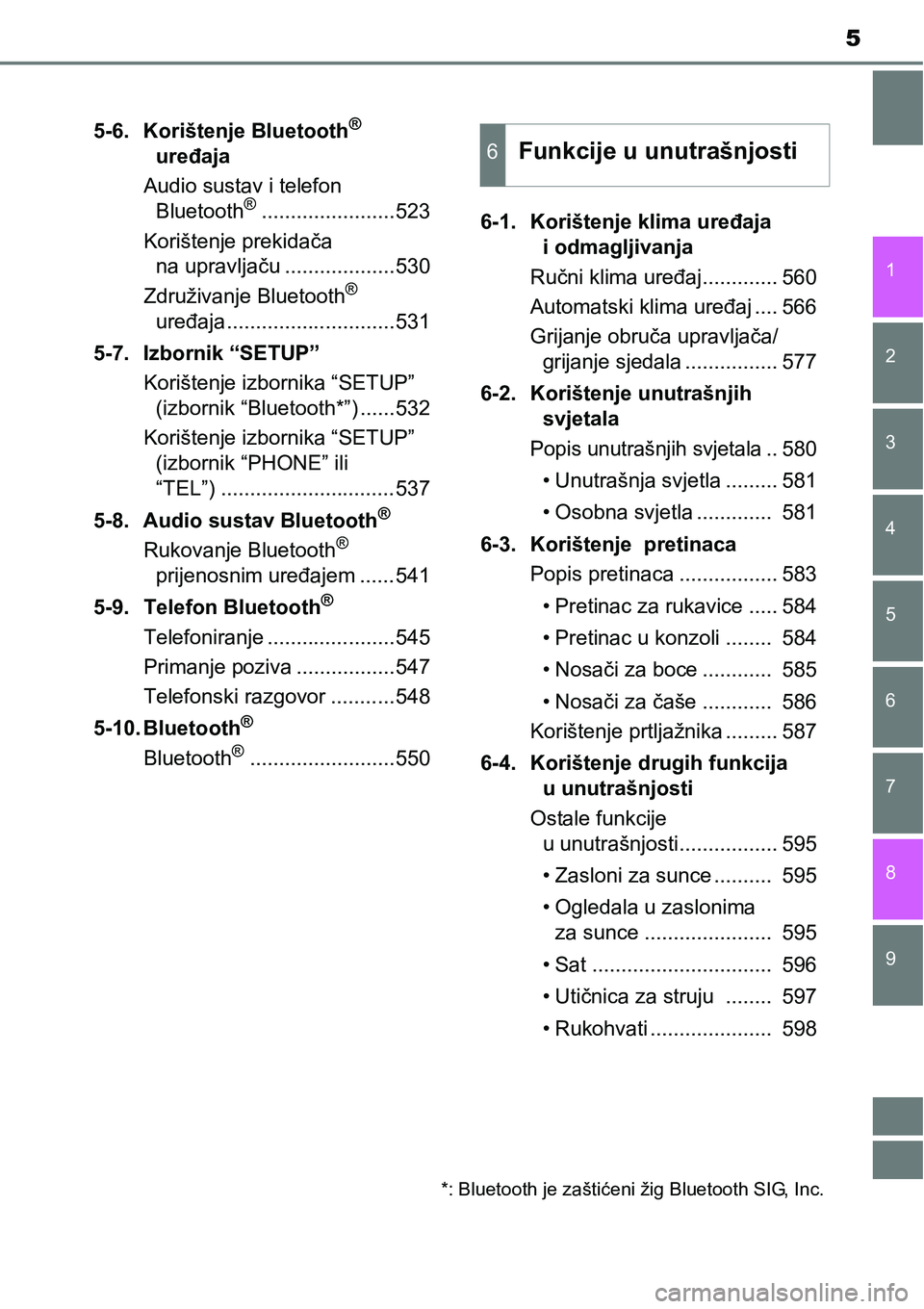 TOYOTA C-HR 2016  Upute Za Rukovanje (in Croatian) 5
1
9 8
7 5 4
3
2
6
5-6. Korištenje Bluetooth® 
uređaja
Audio sustav i telefon 
Bluetooth
®.......................523
Korištenje prekidača 
na upravljaču ...................530
Združivanje Blu
