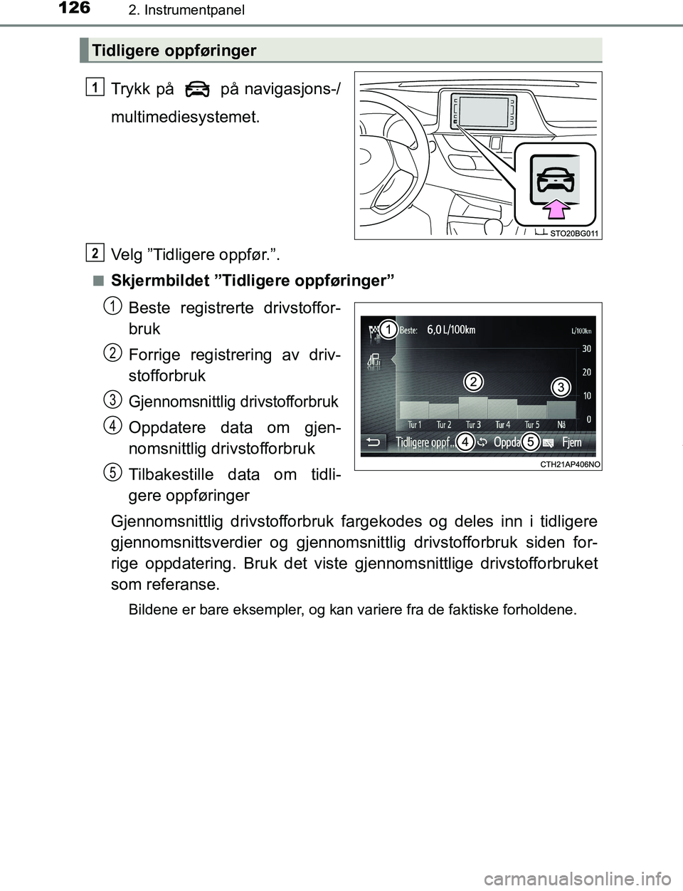 TOYOTA C-HR 2016  Instruksjoner for bruk (in Norwegian) 1262. Instrumentpanel
C-HR_OM_Europe_OM10528NO
Trykk på   på navigasjons-/
multimediesystemet.
Velg ”Tidligere oppfør.”.
nSkjermbildet ”Tidligere oppføringer”Beste registrerte drivstoffor-