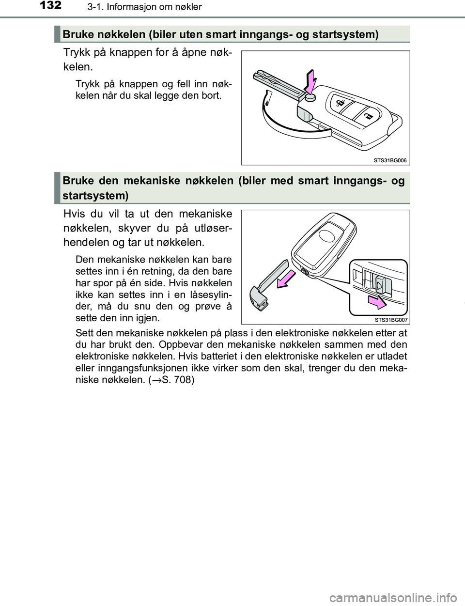 TOYOTA C-HR 2016 Instruksjoner for bruk (in Norwegian) 1323-1. Informasjon om nøkler
C-HR_OM_Europe_OM10528NO
Trykk på knappen for å åpne nøk-
kelen.
Trykk på knappen og fell inn nøk-
kelen når du skal legge den bort.
Hvis du vil ta ut den mekanis TOYOTA C-HR 2016 Instruksjoner for bruk (in Norwegian) 1323-1. Informasjon om nøkler
C-HR_OM_Europe_OM10528NO
Trykk på knappen for å åpne nøk-
kelen.
Trykk på knappen og fell inn nøk-
kelen når du skal legge den bort.
Hvis du vil ta ut den mekanis