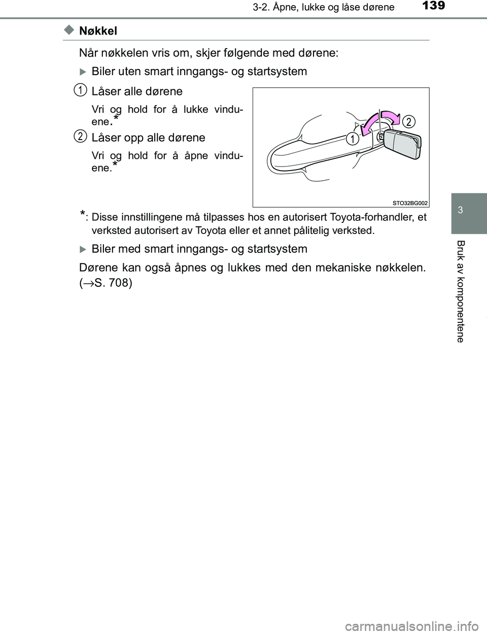 TOYOTA C-HR 2016 Instruksjoner for bruk (in Norwegian) 1393-2. Åpne, lukke og låse dørene
3
Bruk av komponentene
C-HR_OM_Europe_OM10528NO
uNøkkel
Når nøkkelen vris om, skjer følgende med dørene:
Biler uten smart inngangs- og startsystem
Låser TOYOTA C-HR 2016 Instruksjoner for bruk (in Norwegian) 1393-2. Åpne, lukke og låse dørene
3
Bruk av komponentene
C-HR_OM_Europe_OM10528NO
uNøkkel
Når nøkkelen vris om, skjer følgende med dørene:
Biler uten smart inngangs- og startsystem
Låser