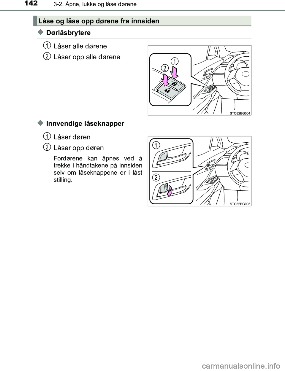 TOYOTA C-HR 2016 Instruksjoner for bruk (in Norwegian) 1423-2. Åpne, lukke og låse dørene
C-HR_OM_Europe_OM10528NO
uDørlåsbrytereLåser alle dørene
Låser opp alle dørene
uInnvendige låseknapperLåser døren
Låser opp døren
Fordørene kan åpnes TOYOTA C-HR 2016 Instruksjoner for bruk (in Norwegian) 1423-2. Åpne, lukke og låse dørene
C-HR_OM_Europe_OM10528NO
uDørlåsbrytereLåser alle dørene
Låser opp alle dørene
uInnvendige låseknapperLåser døren
Låser opp døren
Fordørene kan åpnes