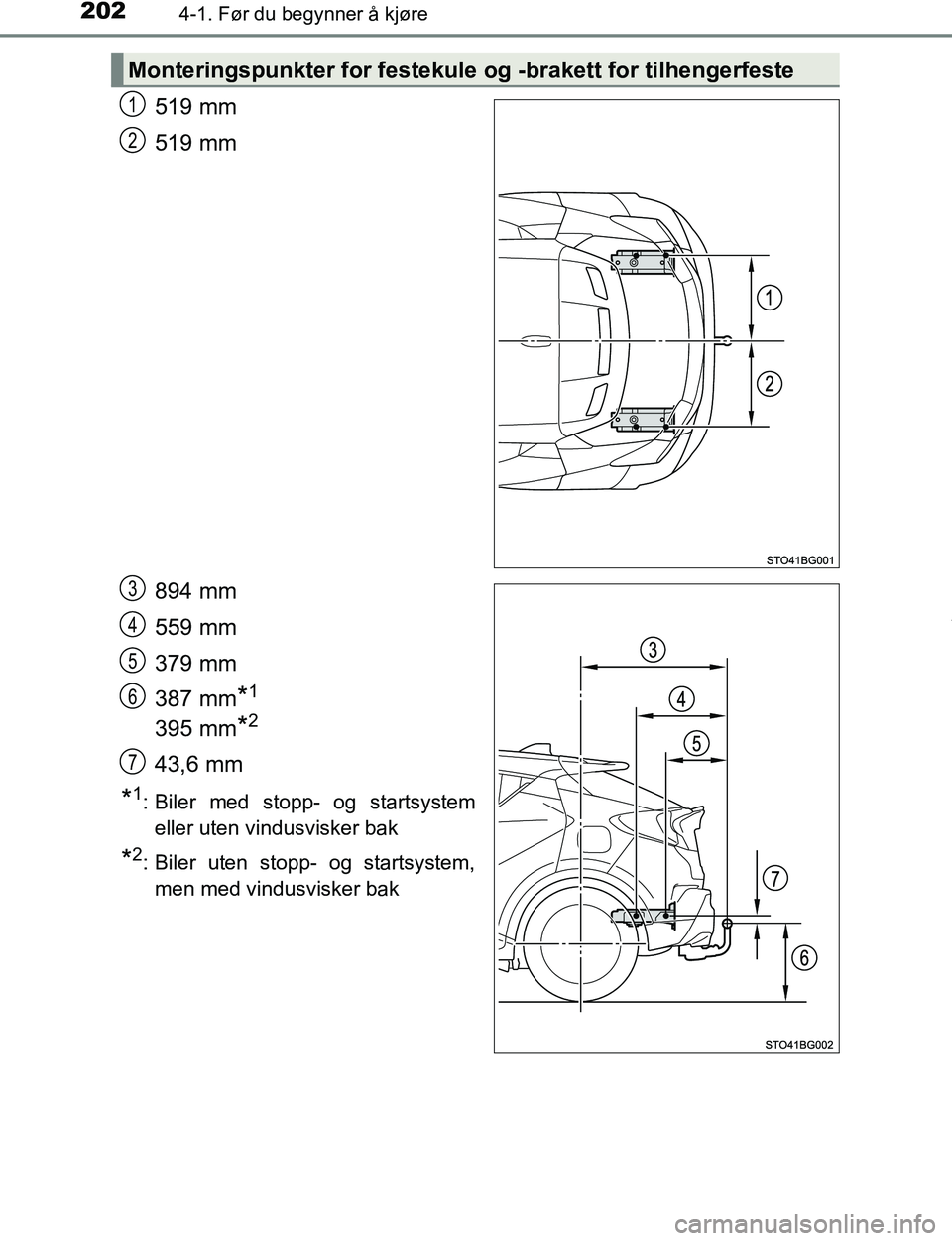 TOYOTA C-HR 2016 Instruksjoner for bruk (in Norwegian) 2024-1. Før du begynner å kjøre
C-HR_OM_Europe_OM10528NO
519 mm
519 mm
894 mm
559 mm
379 mm
387 mm
*1
395 mm*2
43,6 mm
*1: Biler med stopp- og startsystemeller uten vindusvisker bak
*2: Biler uten TOYOTA C-HR 2016 Instruksjoner for bruk (in Norwegian) 2024-1. Før du begynner å kjøre
C-HR_OM_Europe_OM10528NO
519 mm
519 mm
894 mm
559 mm
379 mm
387 mm
*1
395 mm*2
43,6 mm
*1: Biler med stopp- og startsystemeller uten vindusvisker bak
*2: Biler uten