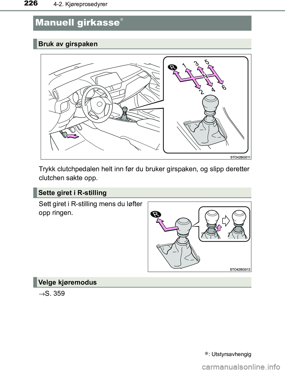 TOYOTA C-HR 2016  Instruksjoner for bruk (in Norwegian) 2264-2. Kjøreprosedyrer
C-HR_OM_Europe_OM10528NO
Manuell girkasse∗
Trykk clutchpedalen helt inn før du bruker girspaken, og slipp deretter
clutchen sakte opp.
Sett giret i R-stilling mens du løft