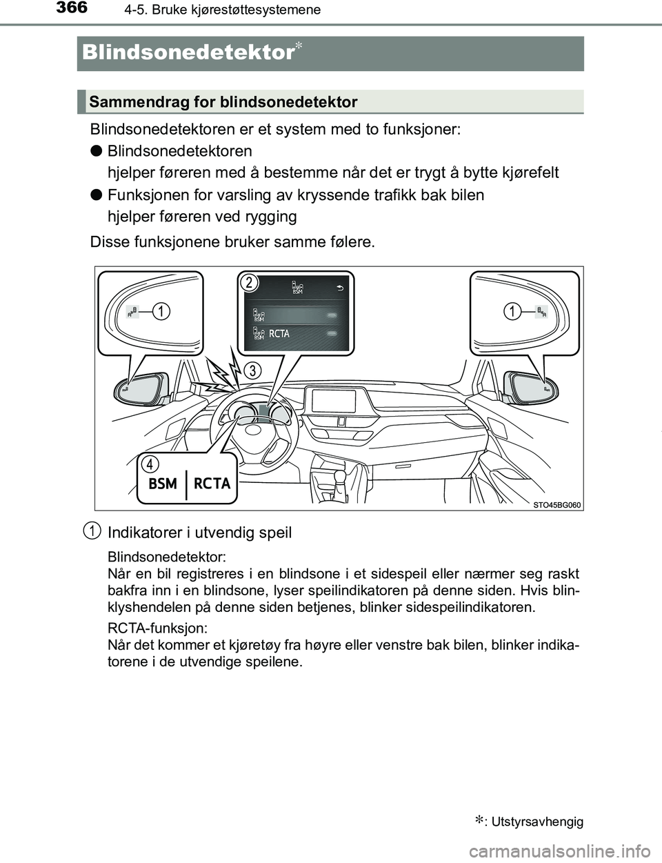 TOYOTA C-HR 2016  Instruksjoner for bruk (in Norwegian) 3664-5. Bruke kjørestøttesystemene
C-HR_OM_Europe_OM10528NO
Blindsonedetektor∗
Blindsonedetektoren er et system med to funksjoner:
l Blindsonedetektoren 
hjelper føreren med å bestemme når det 