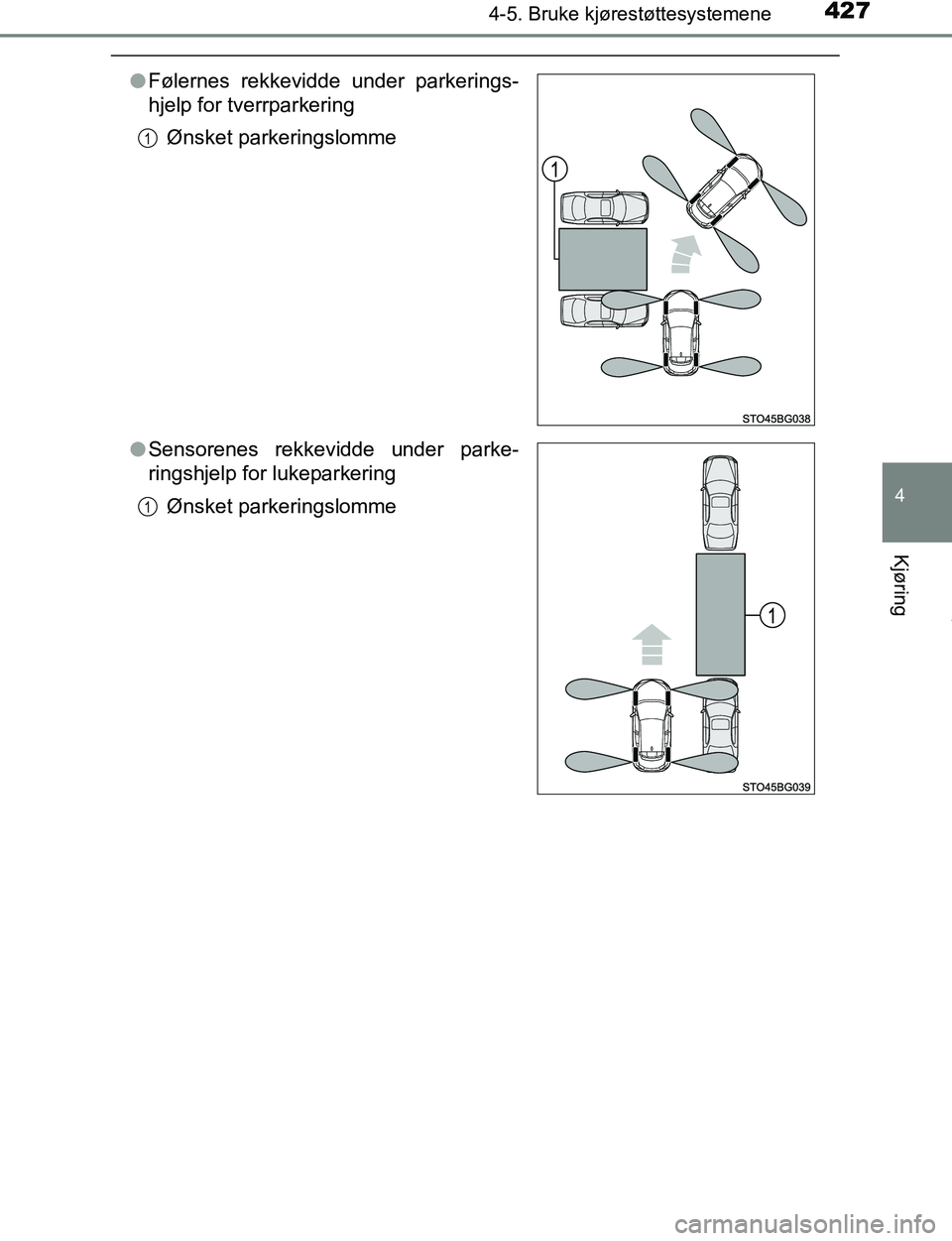 TOYOTA C-HR 2016 Instruksjoner for bruk (in Norwegian) 4274-5. Bruke kjørestøttesystemene
4
Kjøring
C-HR_OM_Europe_OM10528NO
lFølernes rekkevidde under parkerings-
hjelp for tverrparkering
Ønsket parkeringslomme
l Sensorenes rekkevidde under parke-
r TOYOTA C-HR 2016 Instruksjoner for bruk (in Norwegian) 4274-5. Bruke kjørestøttesystemene
4
Kjøring
C-HR_OM_Europe_OM10528NO
lFølernes rekkevidde under parkerings-
hjelp for tverrparkering
Ønsket parkeringslomme
l Sensorenes rekkevidde under parke-
r