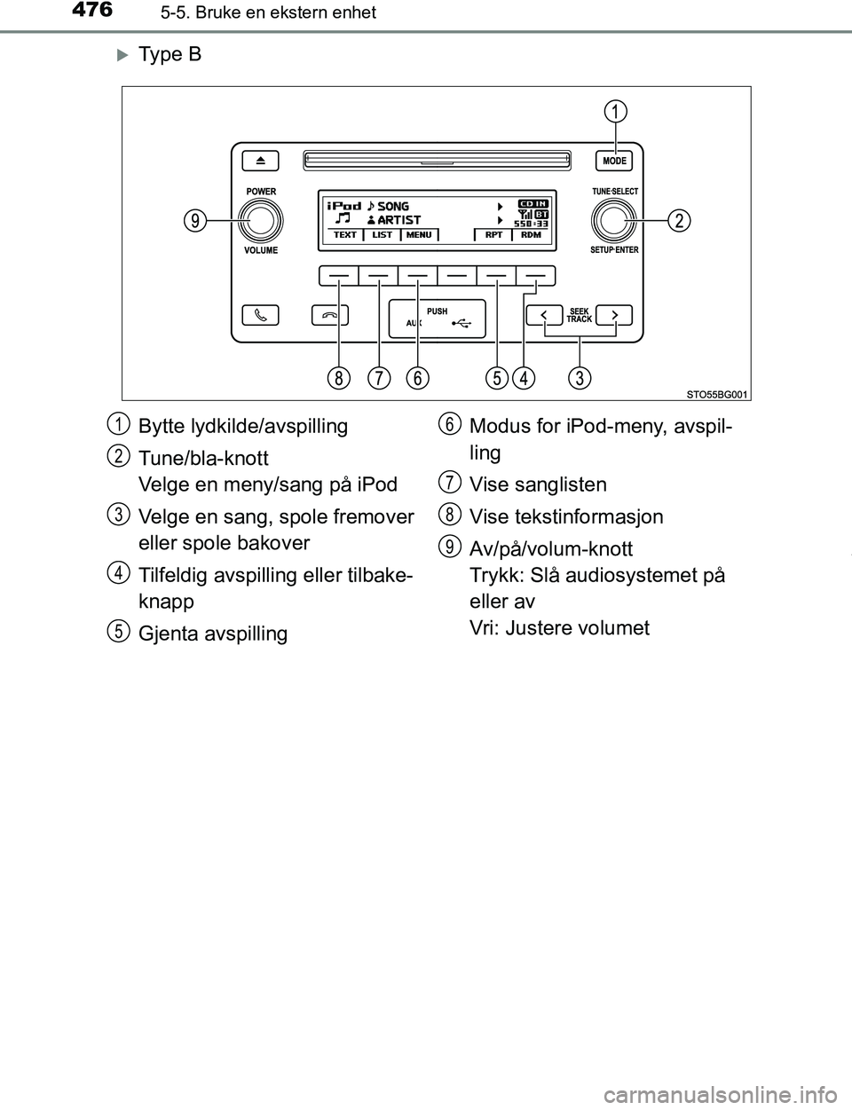 TOYOTA C-HR 2016 Instruksjoner for bruk (in Norwegian) 4765-5. Bruke en ekstern enhet
C-HR_OM_Europe_OM10528NO
Ty p e B
Bytte lydkilde/avspilling
Tune/bla-knott
Velge en meny/sang på iPod
Velge en sang, spole fremover
eller spole bakover
Tilfeldig TOYOTA C-HR 2016 Instruksjoner for bruk (in Norwegian) 4765-5. Bruke en ekstern enhet
C-HR_OM_Europe_OM10528NO
Ty p e B
Bytte lydkilde/avspilling
Tune/bla-knott
Velge en meny/sang på iPod
Velge en sang, spole fremover
eller spole bakover
Tilfeldig