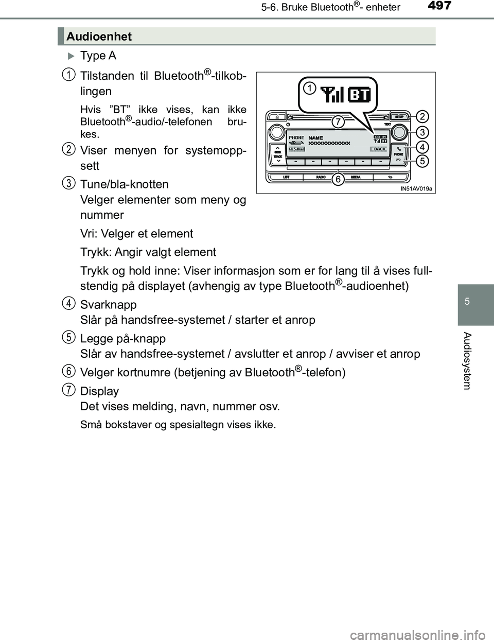 TOYOTA C-HR 2016 Instruksjoner for bruk (in Norwegian) 4975-6. Bruke Bluetooth®- enheter
5
Audiosystem
C-HR_OM_Europe_OM10528NO
Ty p e A
Tilstanden til Bluetooth
®-tilkob-
lingen
Hvis ”BT” ikke vises, kan ikke
Bluetooth®-audio/-telefonen bru-
k TOYOTA C-HR 2016 Instruksjoner for bruk (in Norwegian) 4975-6. Bruke Bluetooth®- enheter
5
Audiosystem
C-HR_OM_Europe_OM10528NO
Ty p e A
Tilstanden til Bluetooth
®-tilkob-
lingen
Hvis ”BT” ikke vises, kan ikke
Bluetooth®-audio/-telefonen bru-
k